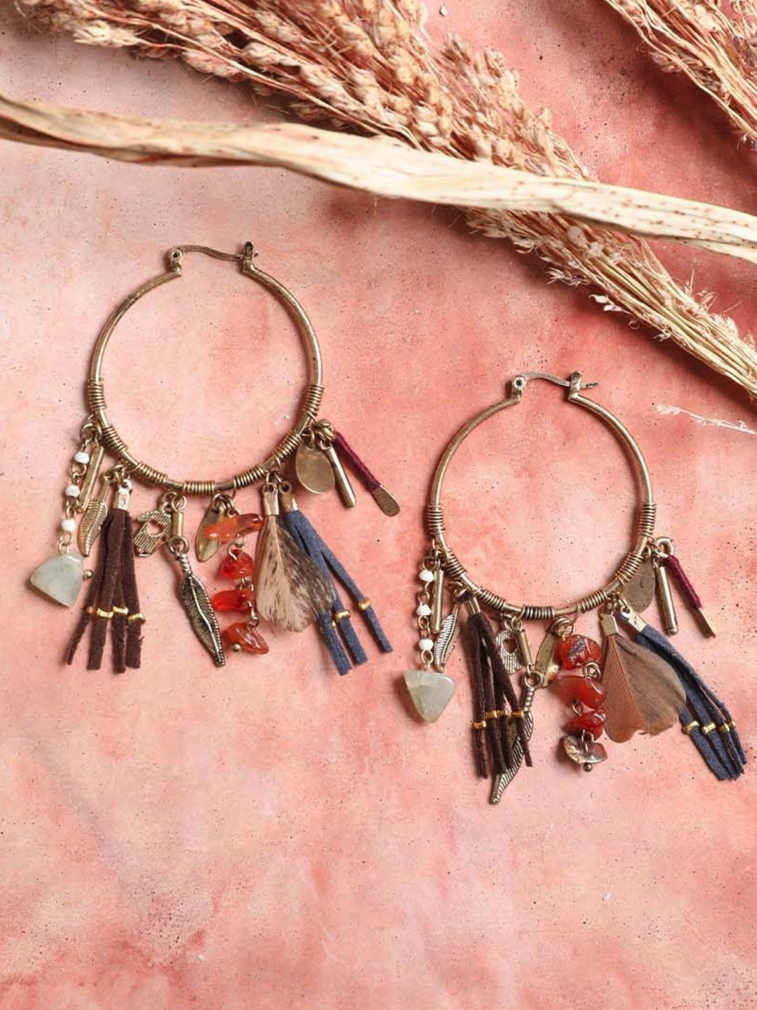 Carnelian & Jade Feather Fringe Hoop Earring - The Collective Rose