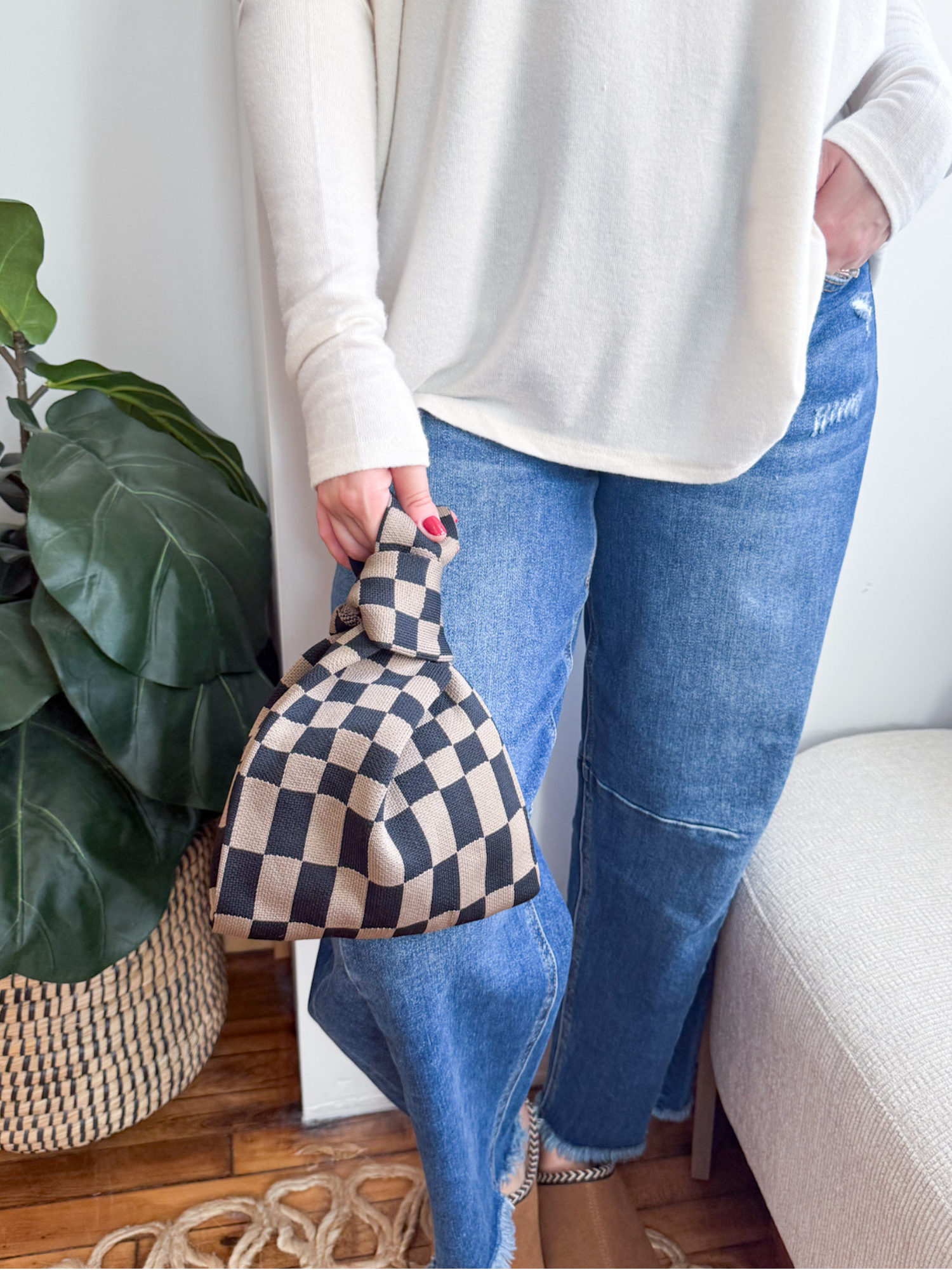 Classic Checkered Brown Washable Knot Bag - The Collective Rose