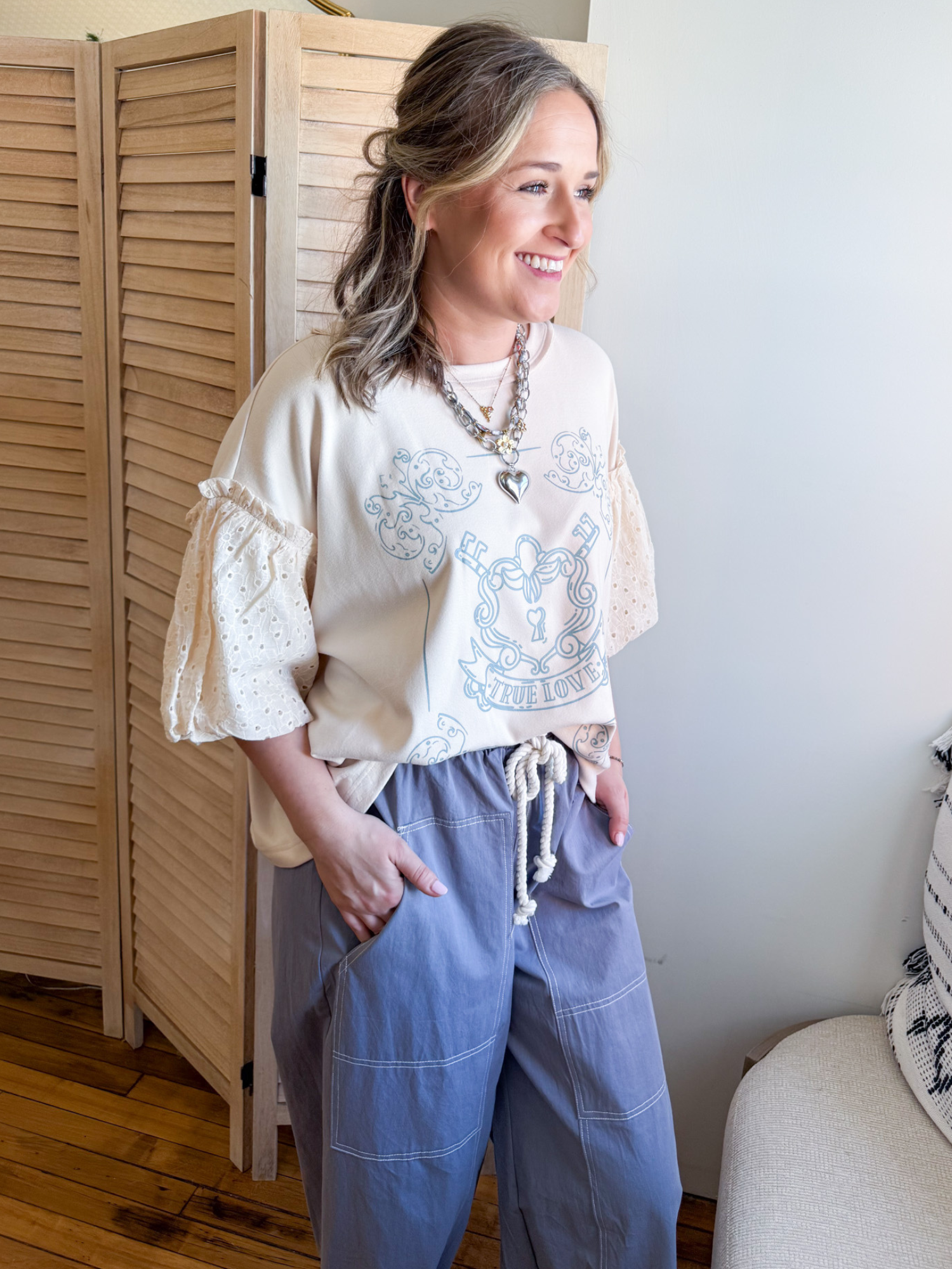 True Love Eyelet Sleeve Sweatshirt - The Collective Rose