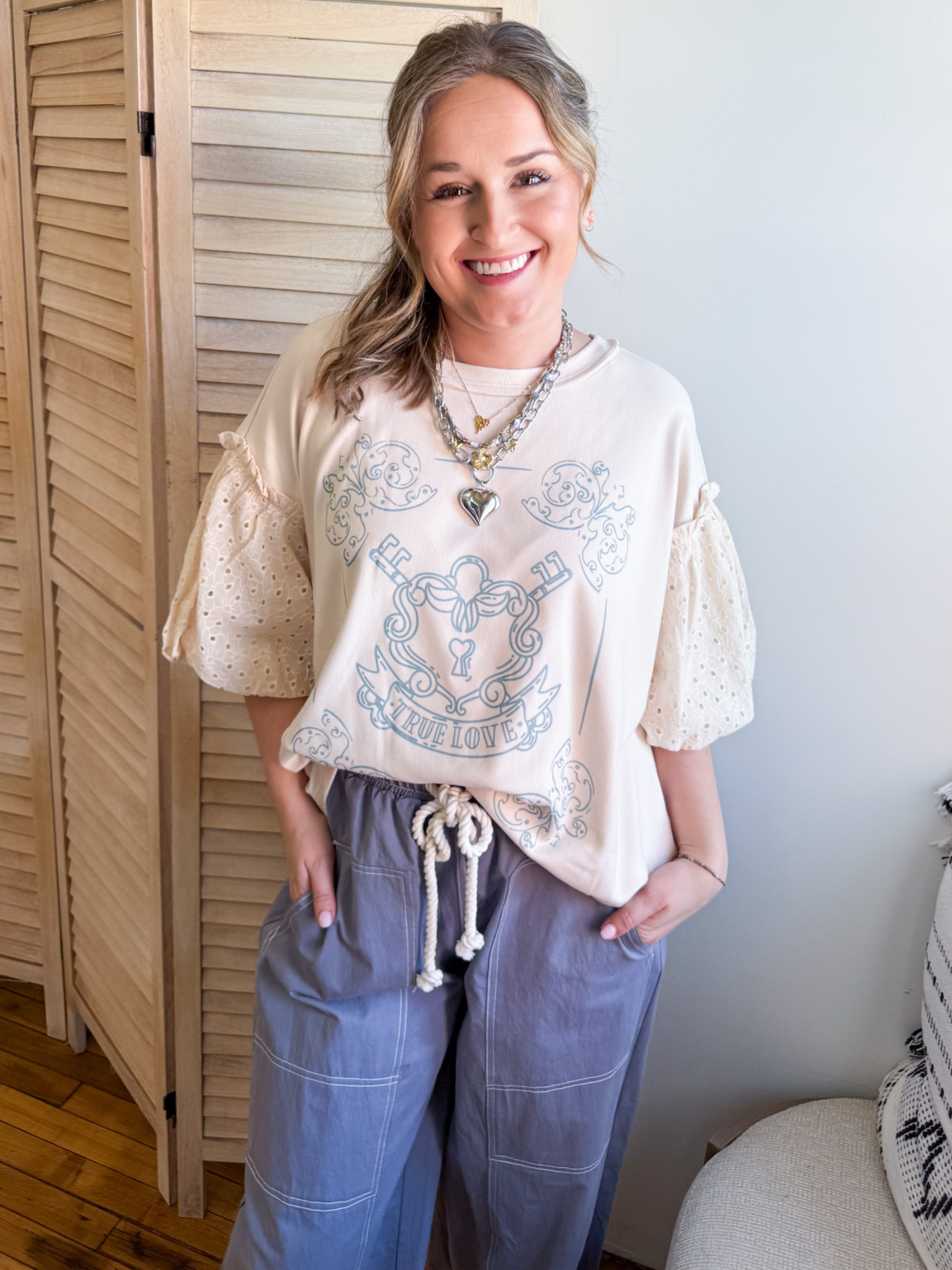 True Love Eyelet Sleeve Sweatshirt - The Collective Rose