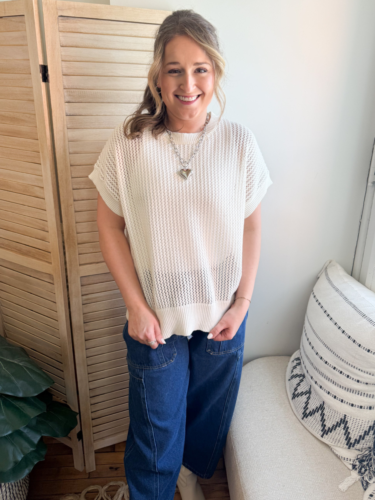 Harlow Short Sleeve Open Knit Sweater - Cream - The Collective Rose