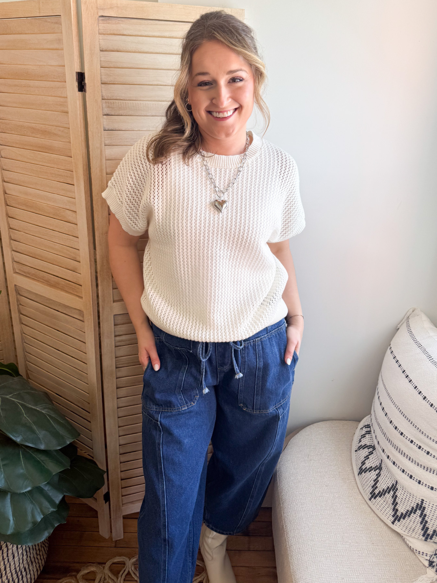 Harlow Short Sleeve Open Knit Sweater - Cream - The Collective Rose