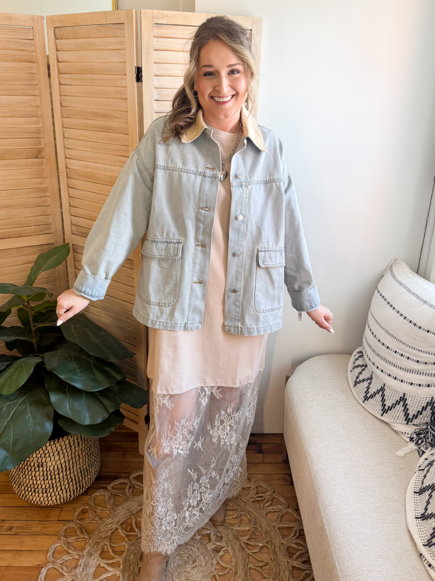 Oversized Contrast Denim Jacket - Light Wash - The Collective Rose