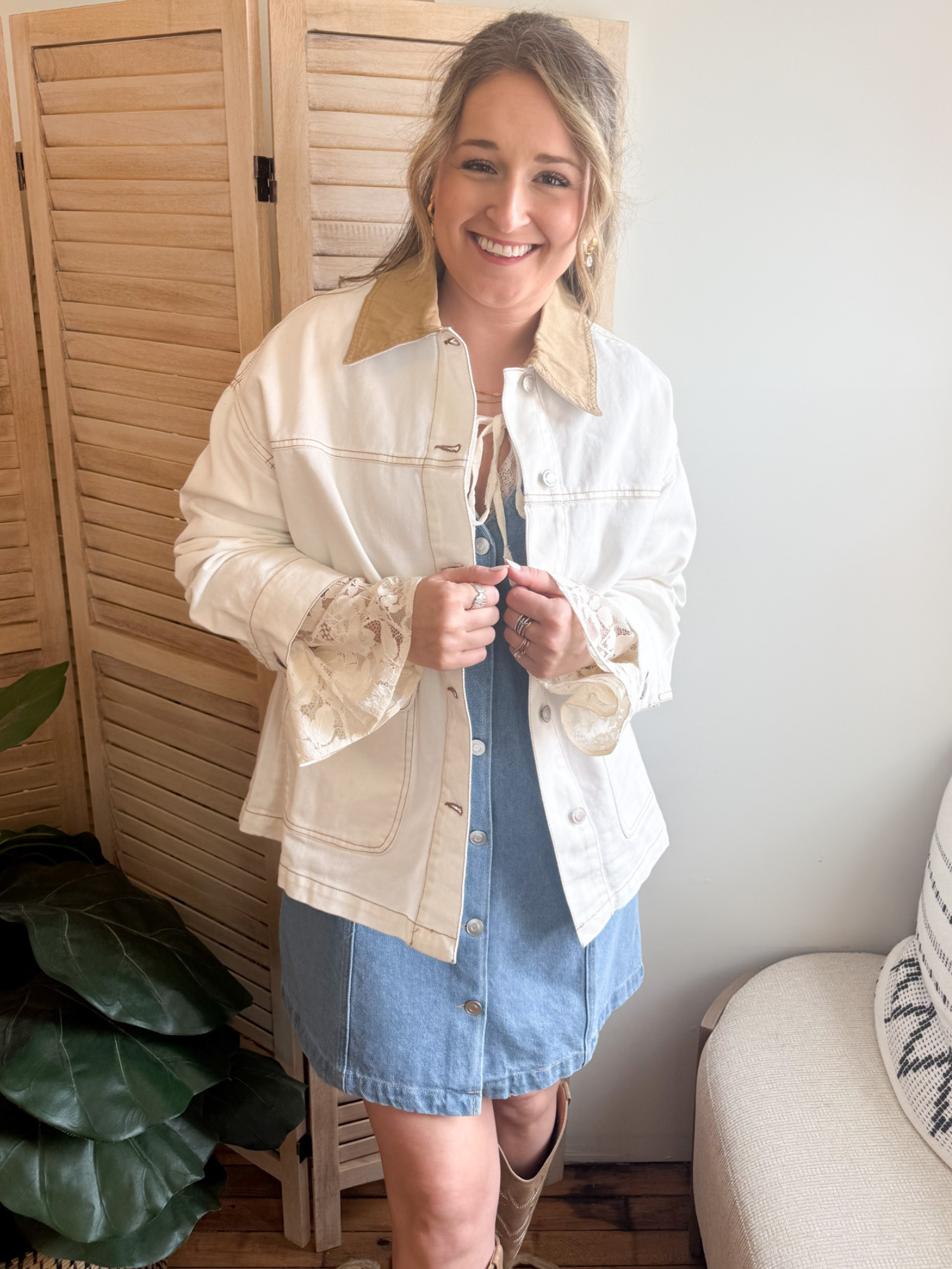 Oversized Contrast Denim Jacket - Ecru - The Collective Rose