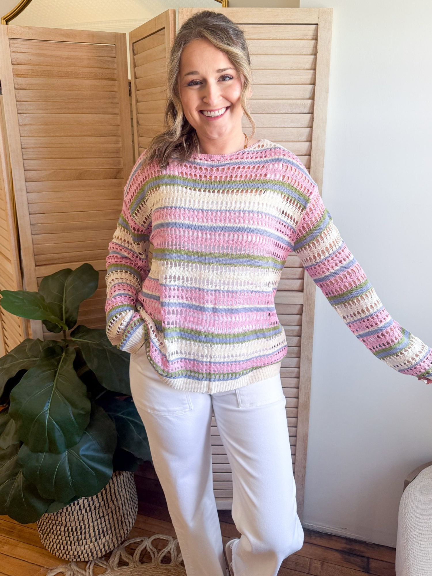Leah Open Knit Striped Sweater - The Collective Rose