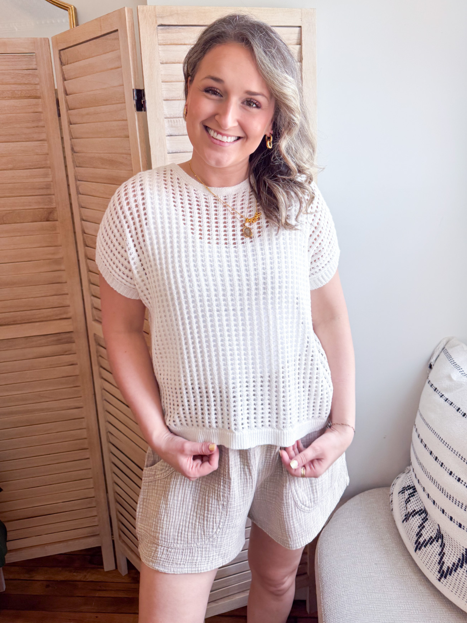 Darcy Open Knit Short Sleeve Sweater - Ivory - The Collective Rose