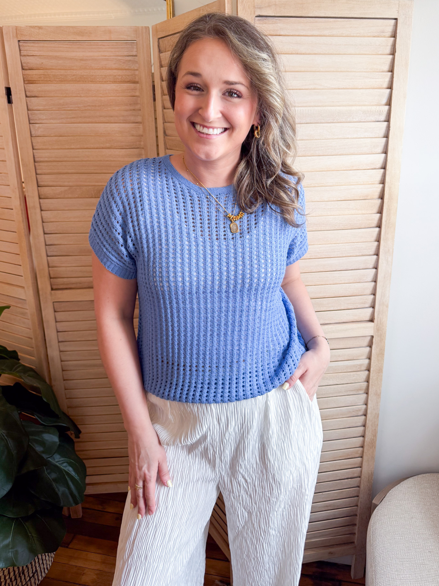 Darcy Open Knit Short Sleeve Sweater - Blue - The Collective Rose