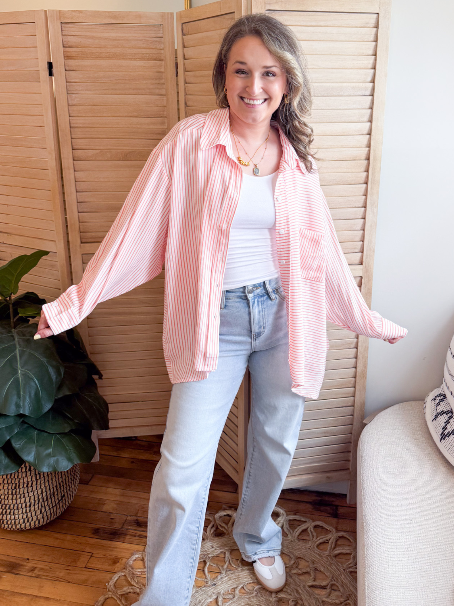 Averie Striped Button Down - Coral - The Collective Rose