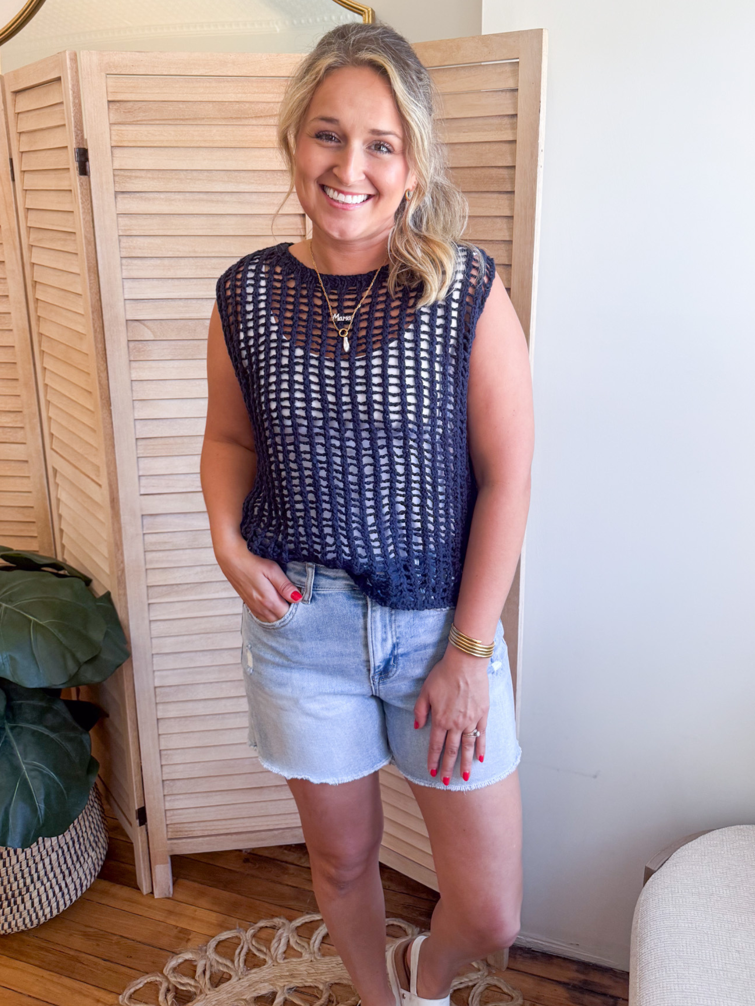 Hollis Chunky Open Knit Sweater Vest - Navy - The Collective Rose