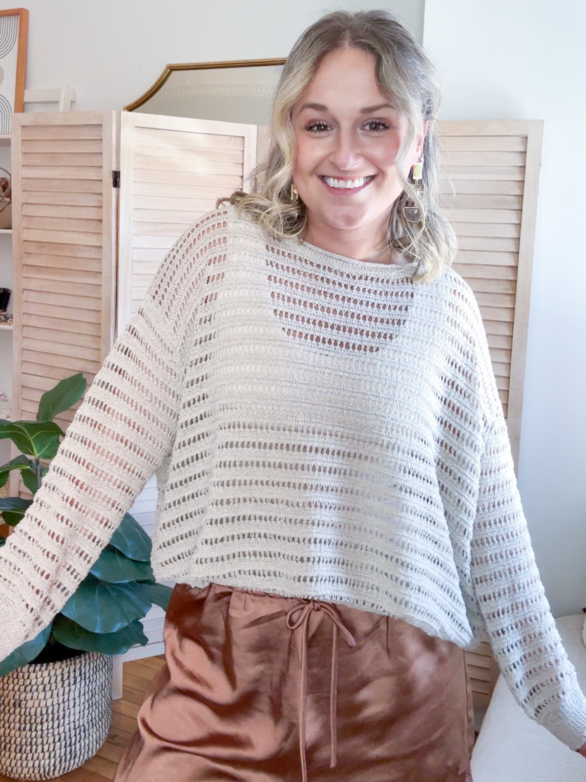 Aida Open Knit Stripe Sweater Top - Stone - The Collective Rose