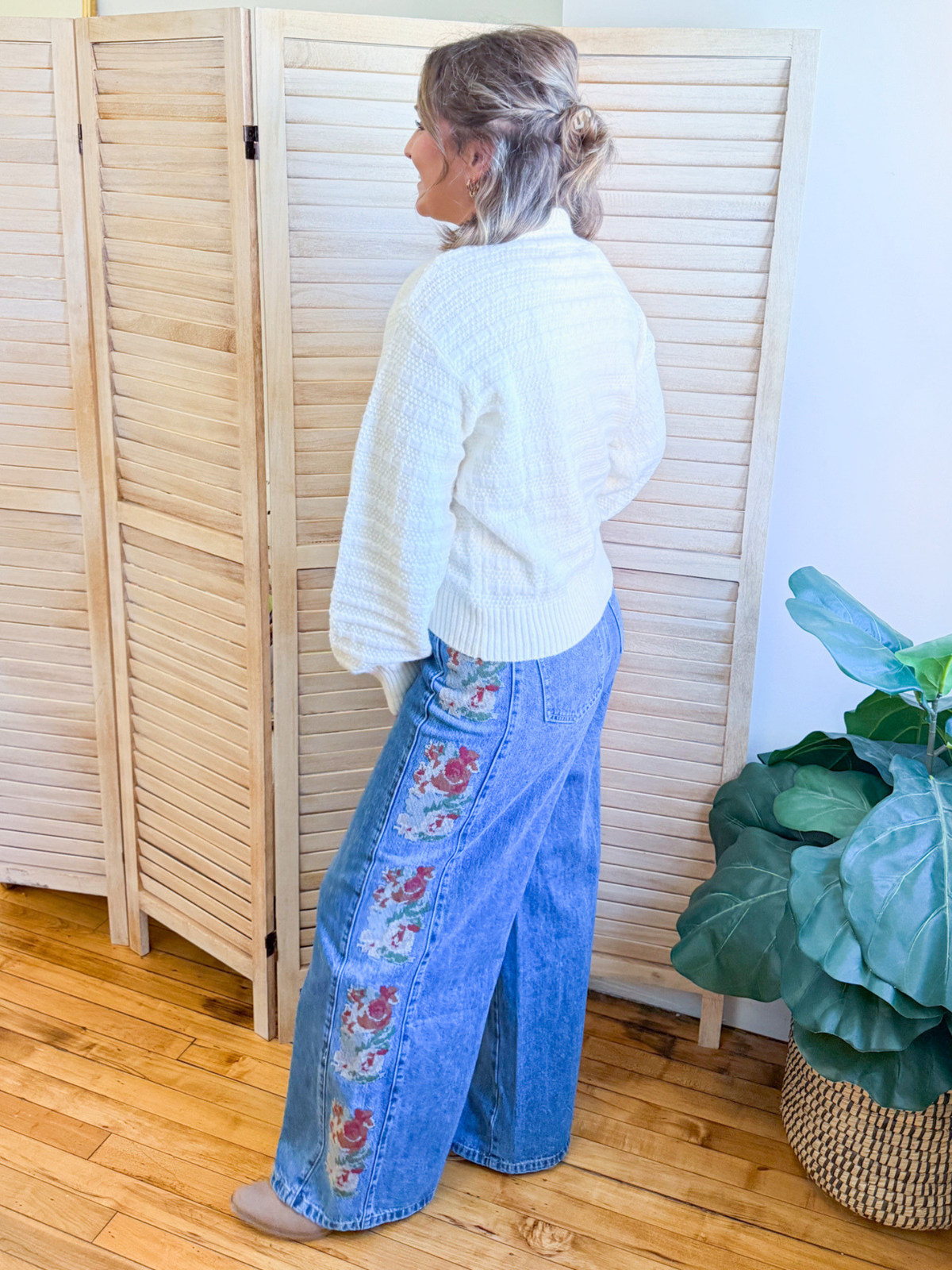 Floral Embroidered Wide Leg Jeans - The Collective Rose