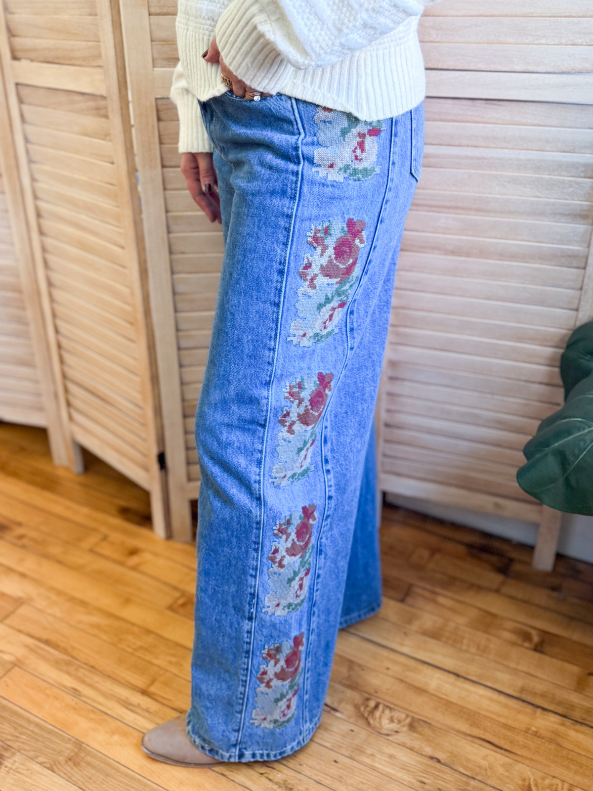 Floral Embroidered Wide Leg Jeans - The Collective Rose