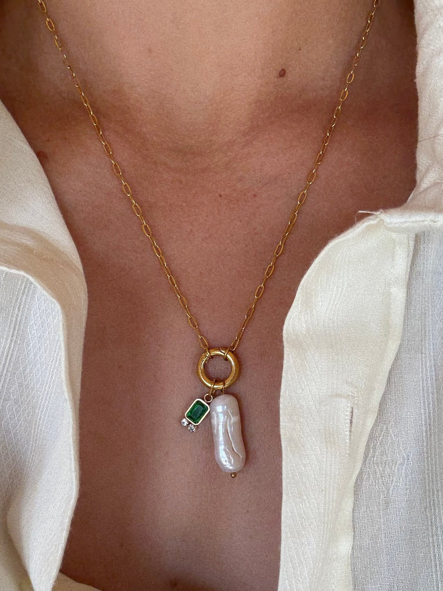 Emerald CZ + Pearl Necklace - The Collective Rose