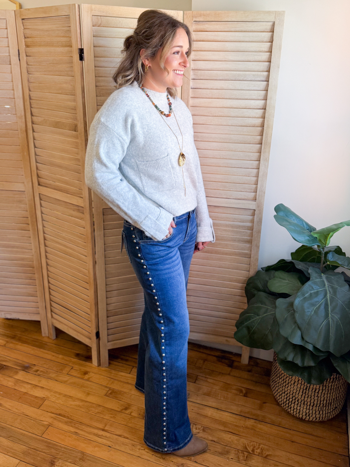 Mid Rise Wide Leg Side Stud Jeans - The Collective Rose