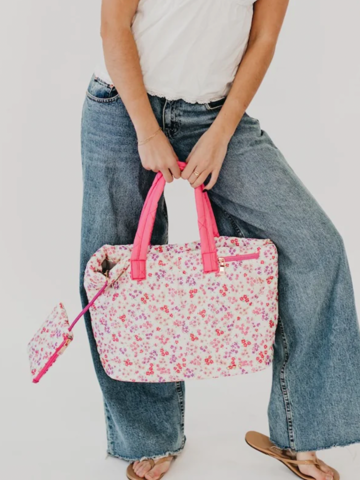 Presley Puffer Quilted Tote - Pink Floral - The Collective Rose