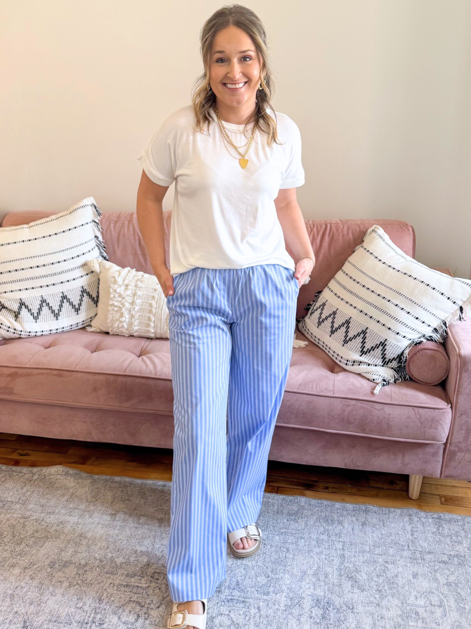 Nikki Contrast Waist Striped Pants - The Collective Rose