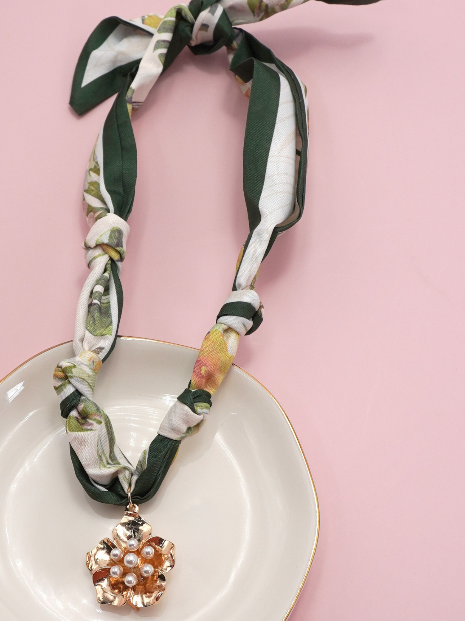 Bandana Scarf Charm Necklace - Pearl Flower
