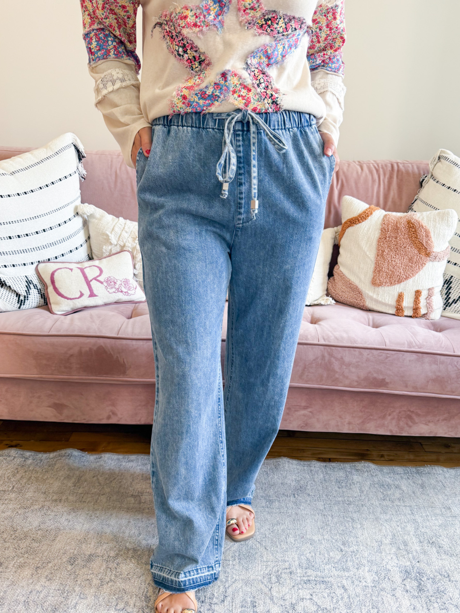 High Waisted Drawstring Denim Pants - The Collective Rose