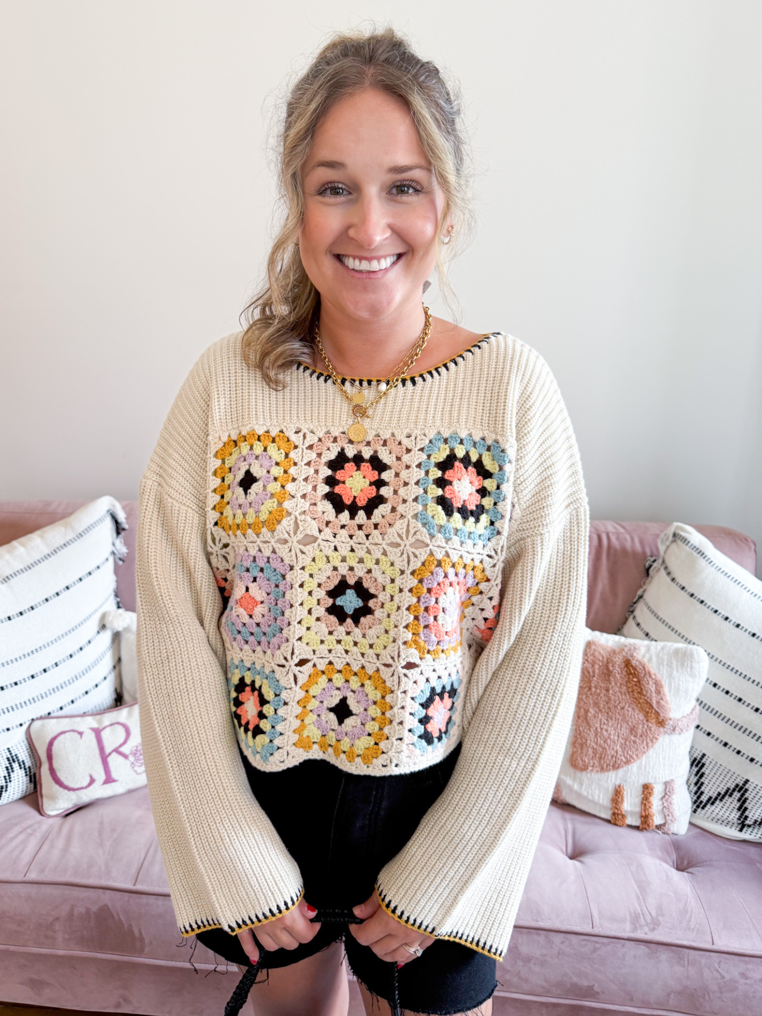 Maia Retro Patchwork Crochet Sweater - The Collective Rose
