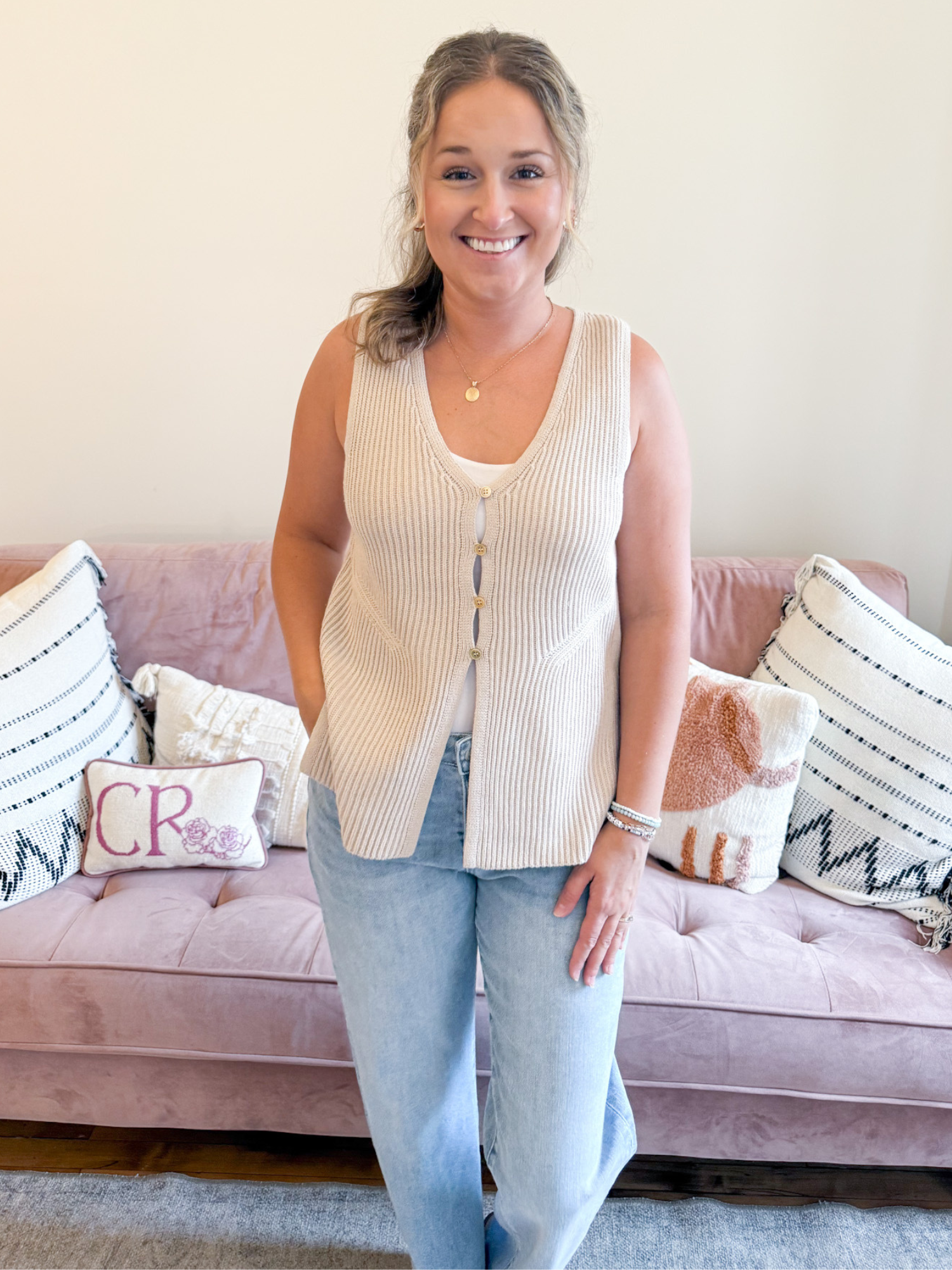 Adri Button Front Sweater Vest - Sand - The Collective Rose