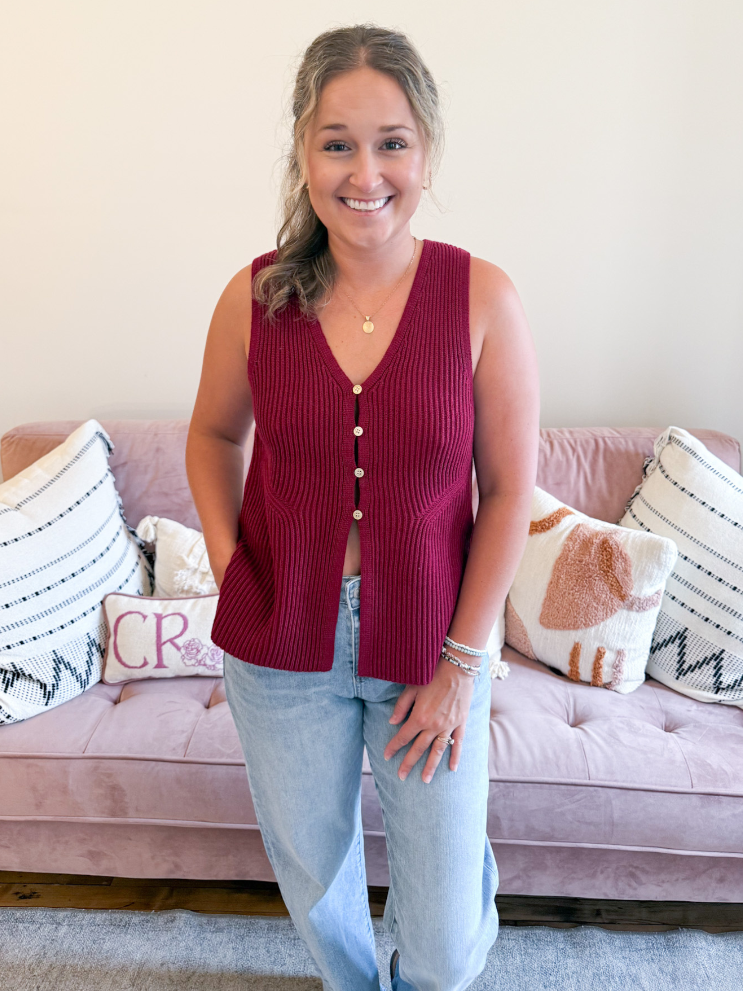 Adri Button Front Sweater Vest - Cabernet - The Collective Rose