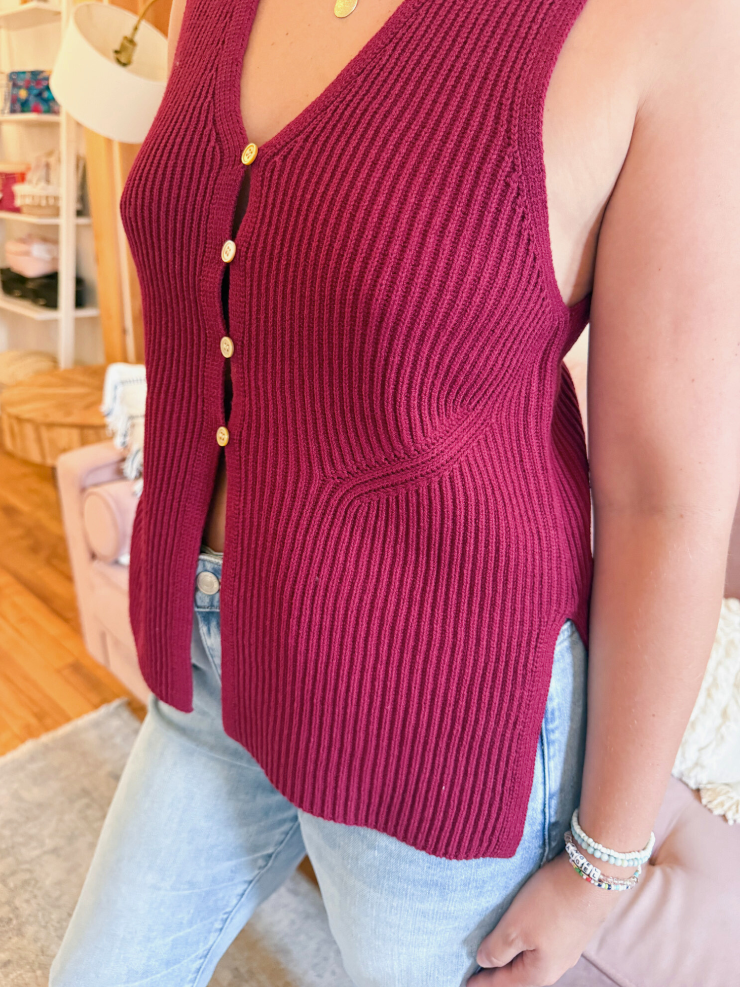 Adri Button Front Sweater Vest - Cabernet - The Collective Rose