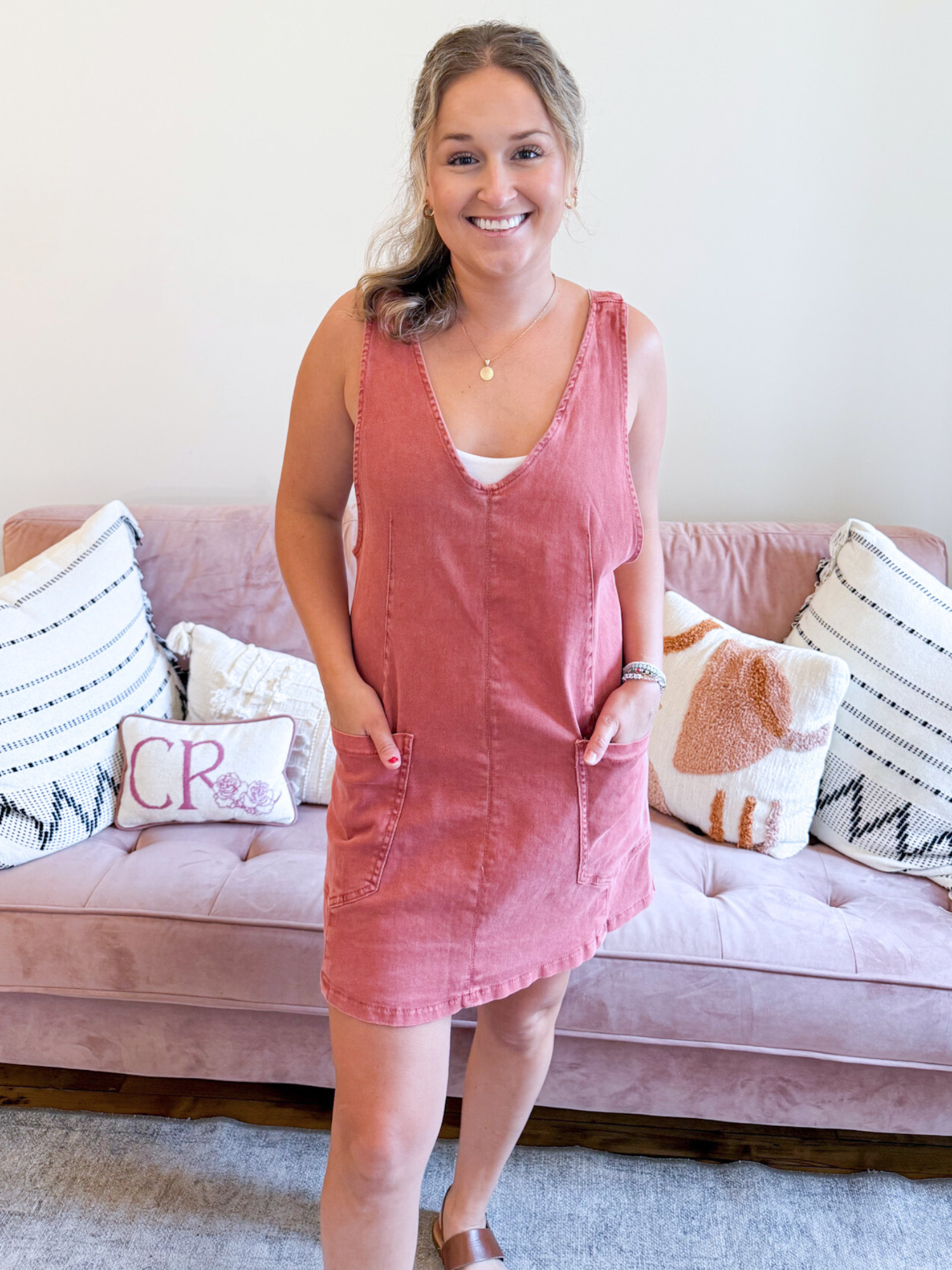 Carlin Denim Overall Dress - Dusty Rose - The Collective Rose