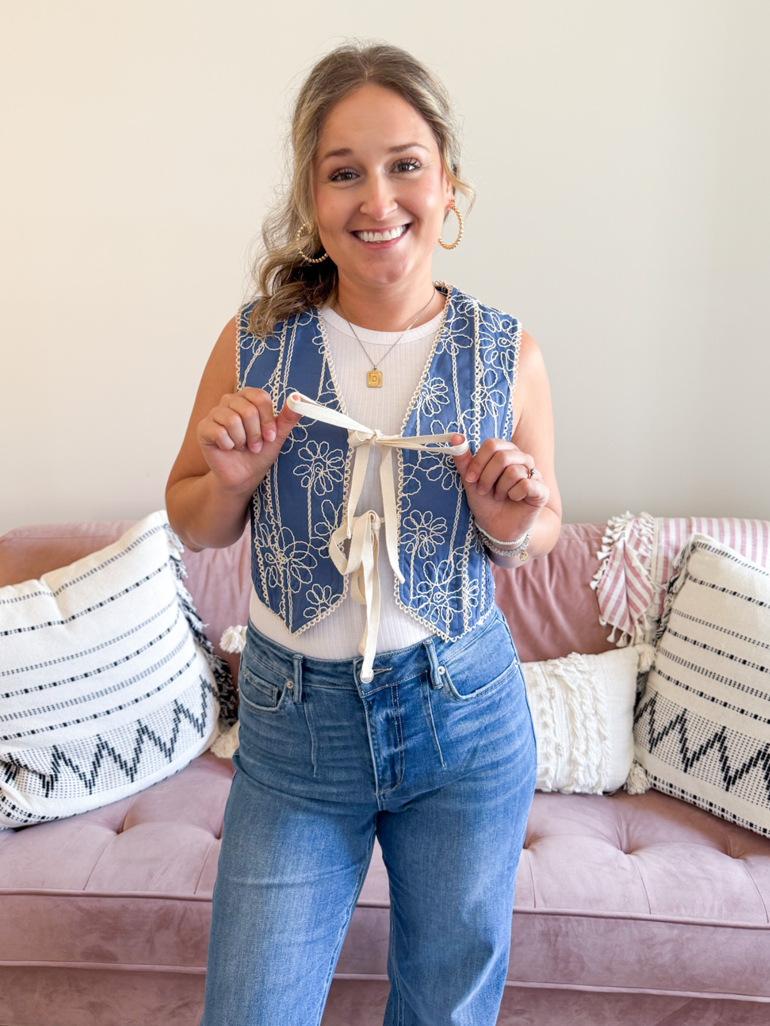 Reed Embroidered Tie-Front Vest - The Collective Rose