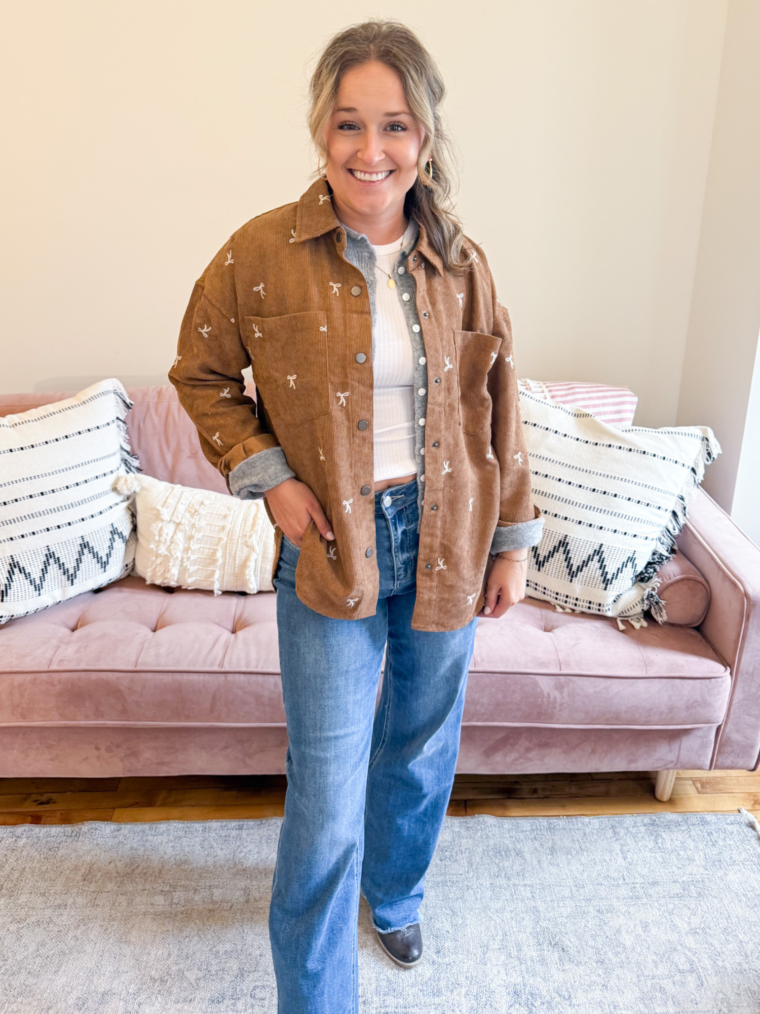 Nina Bow Embroidered Corduroy Shacket - The Collective Rose