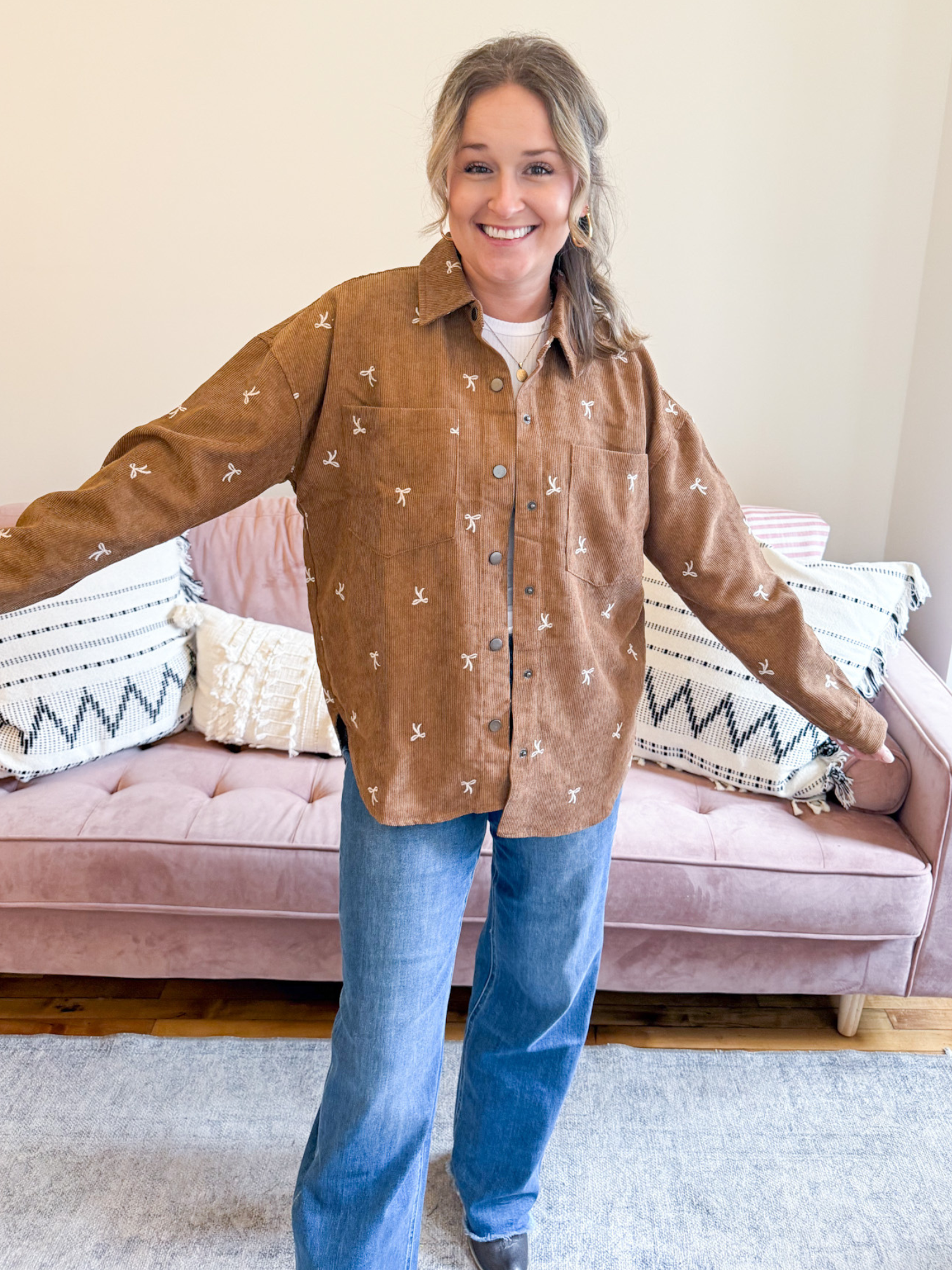 Nina Bow Embroidered Corduroy Shacket - The Collective Rose