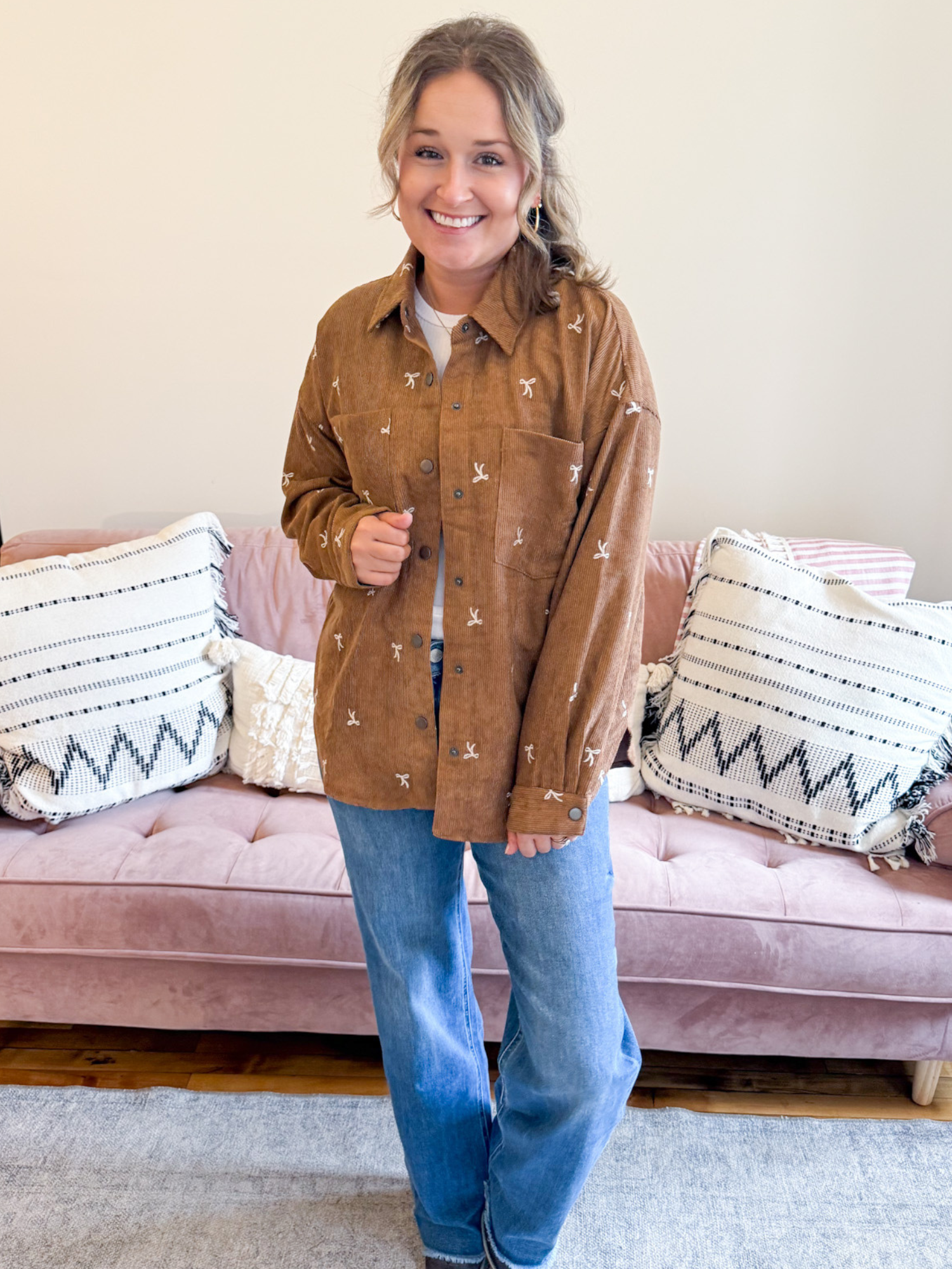 Nina Bow Embroidered Corduroy Shacket - The Collective Rose