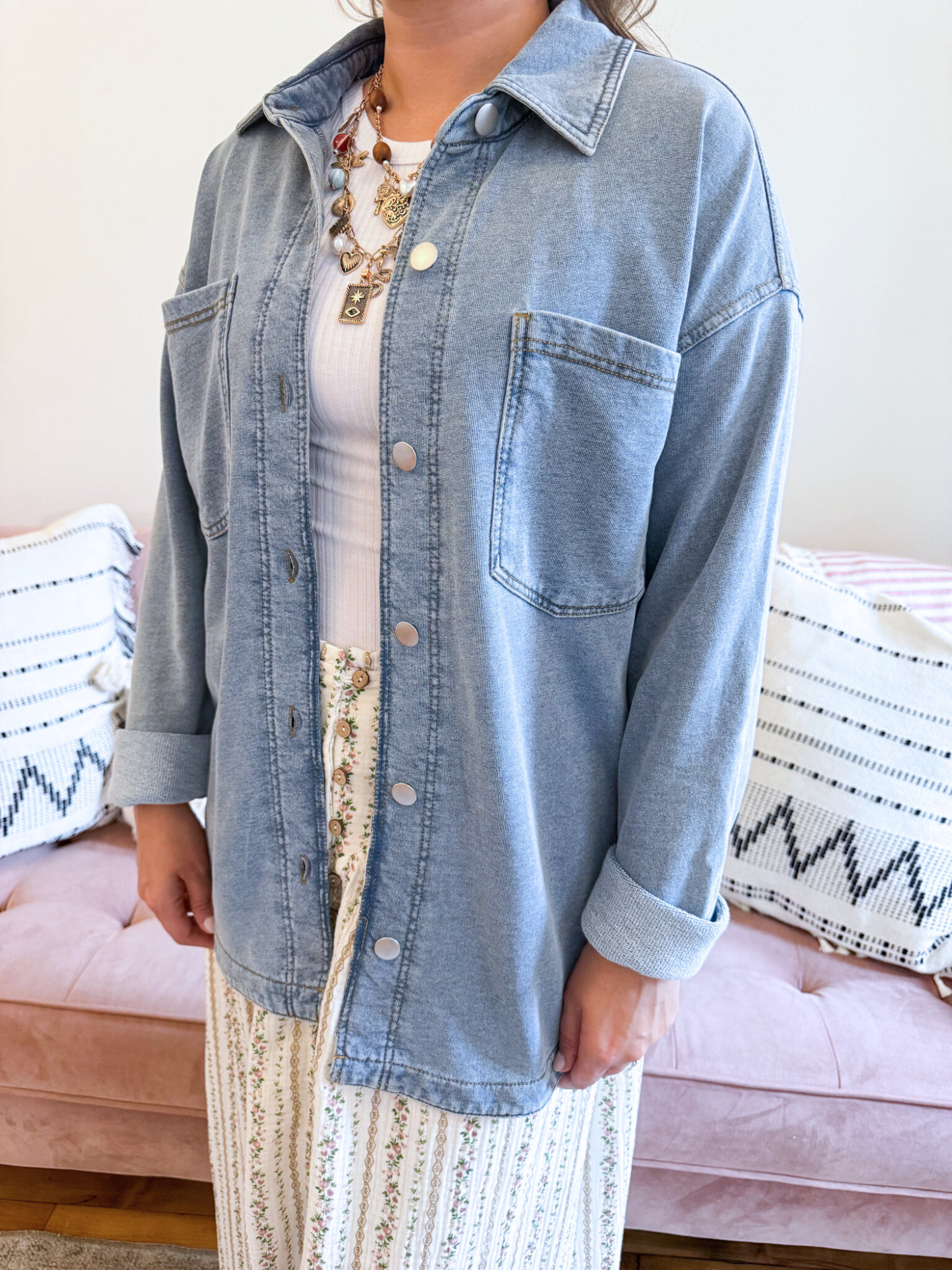 Delilah Knit Denim Shacket - The Collective Rose