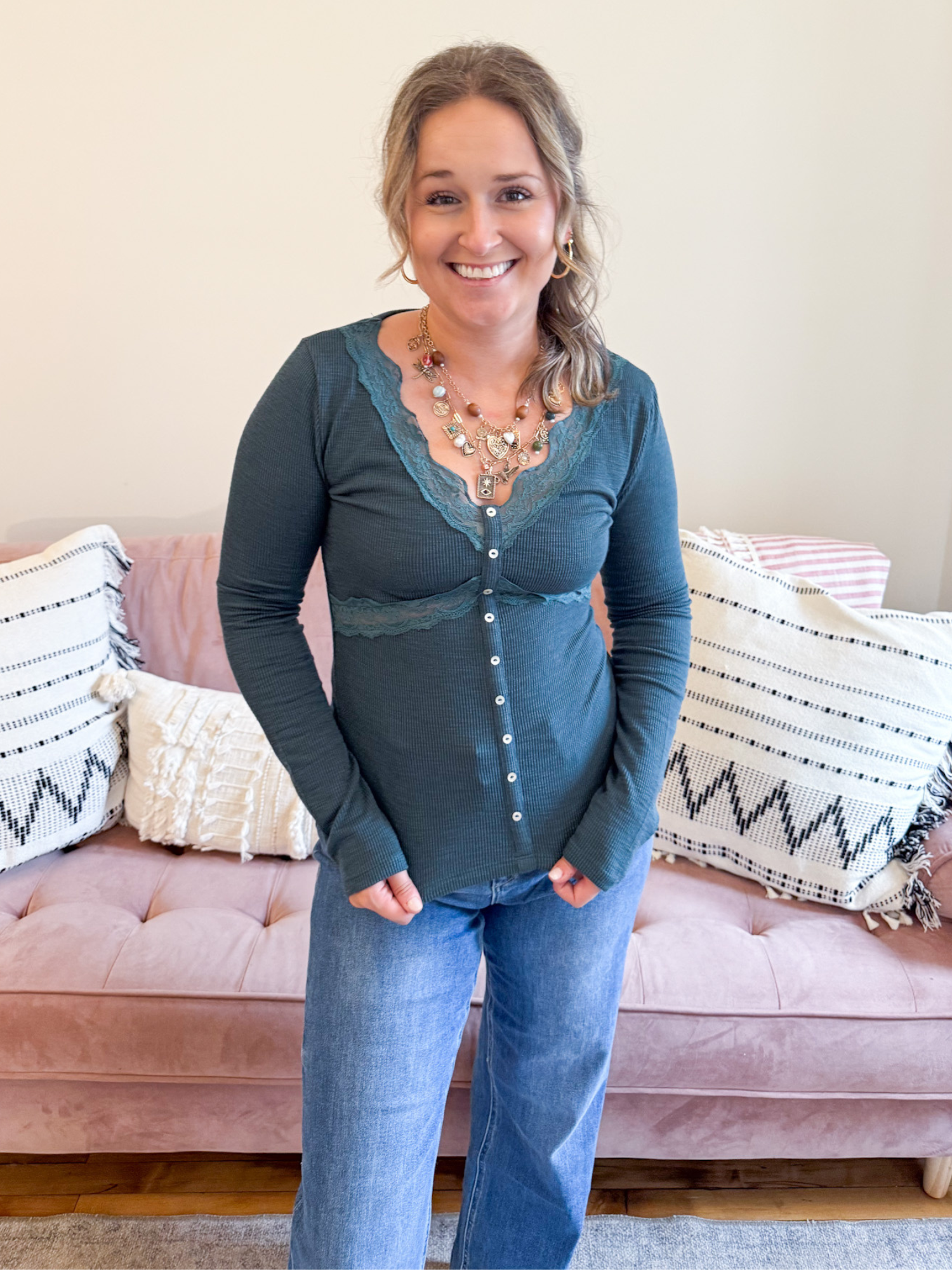 Stella Lace Trim Long Sleeve - Forest Green - The Collective Rose