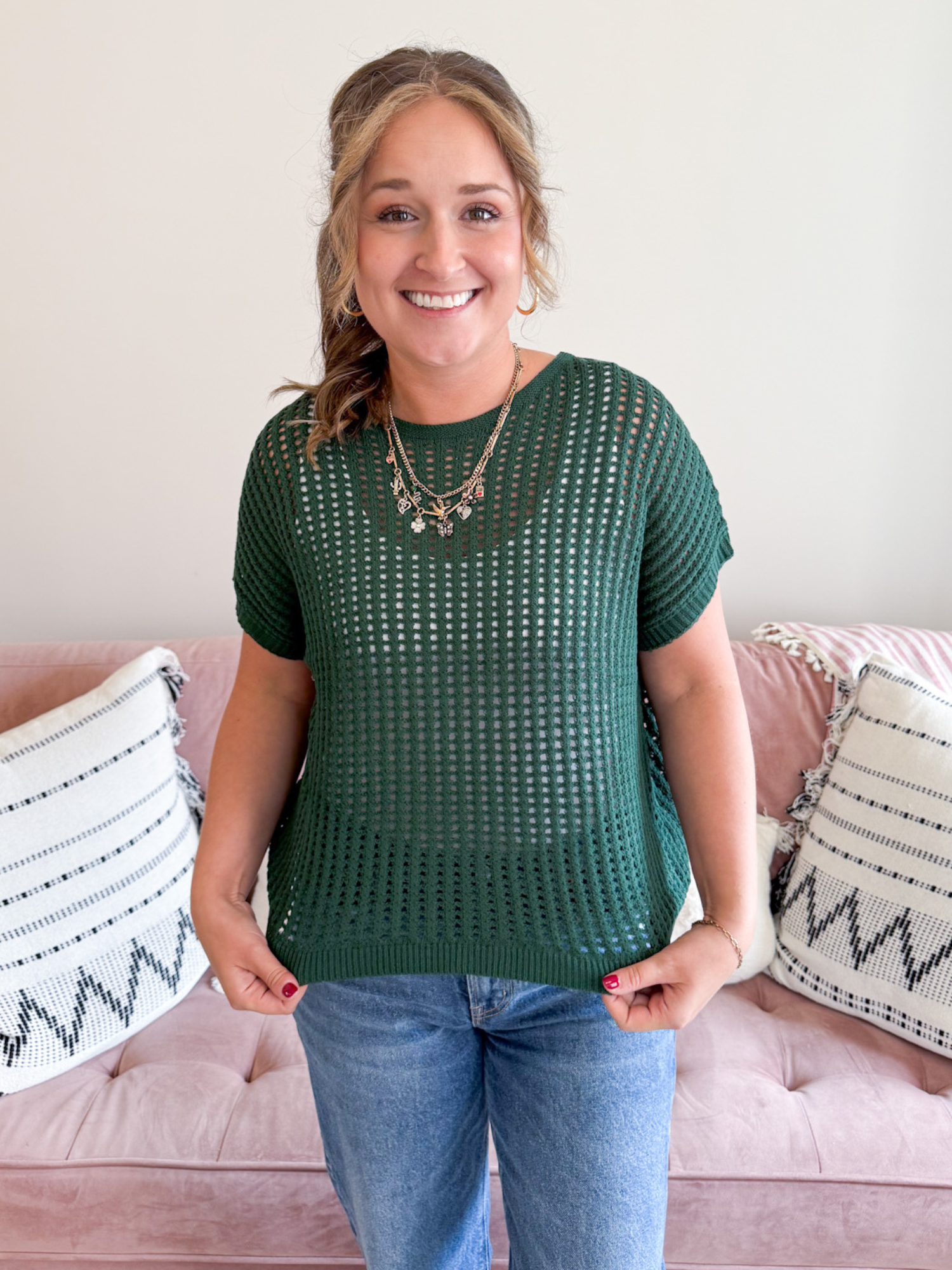 Tayt Short Sleeve Crochet Sweater - Green - The Collective Rose