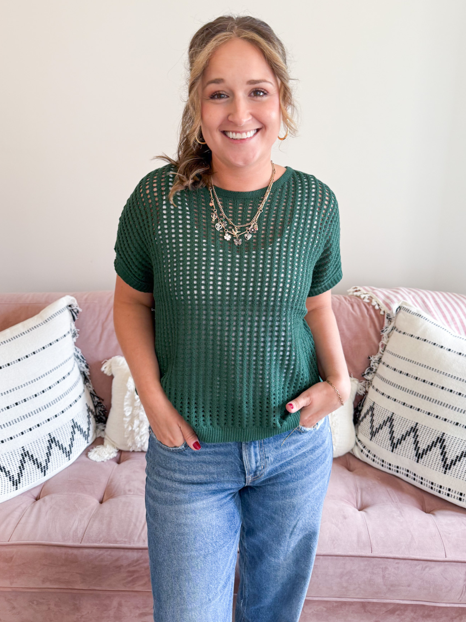 Tayt Short Sleeve Crochet Sweater - Green - The Collective Rose