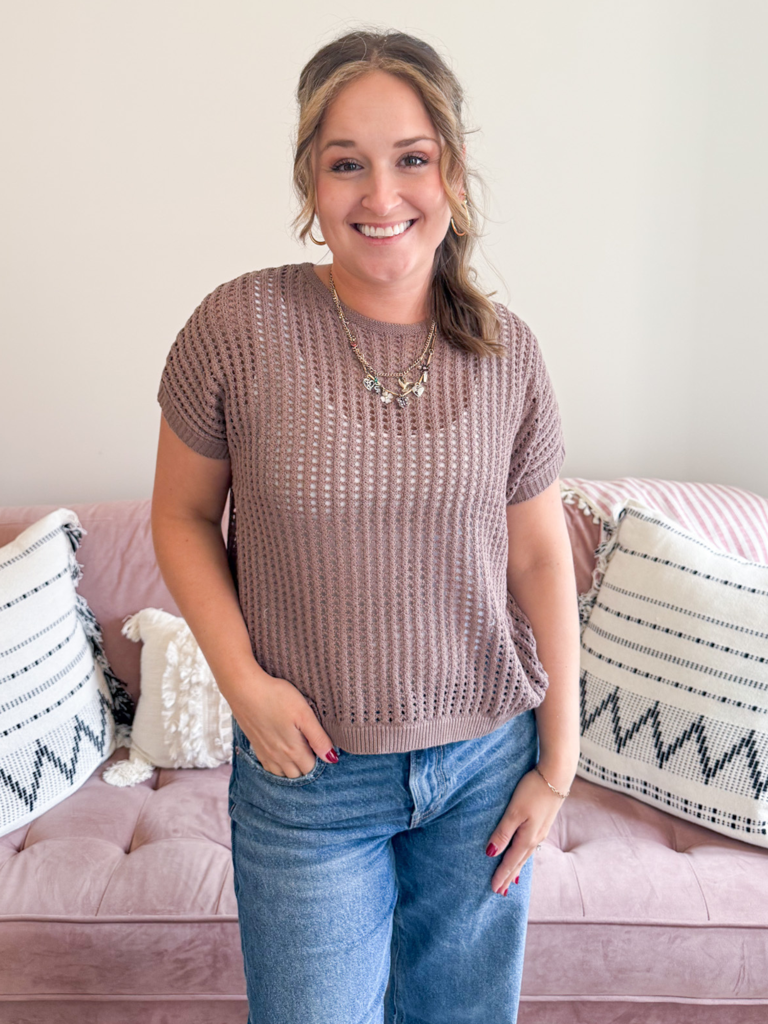 Tayt Short Sleeve Crochet Sweater - Cocoa - The Collective Rose