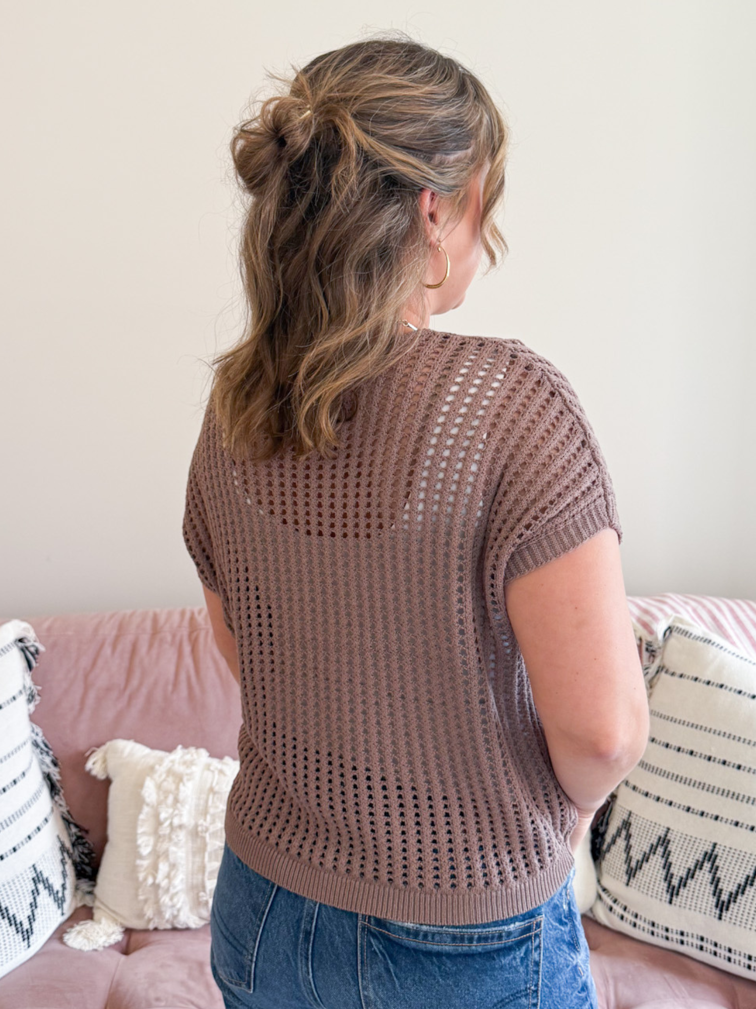 Tayt Short Sleeve Crochet Sweater - Cocoa - The Collective Rose