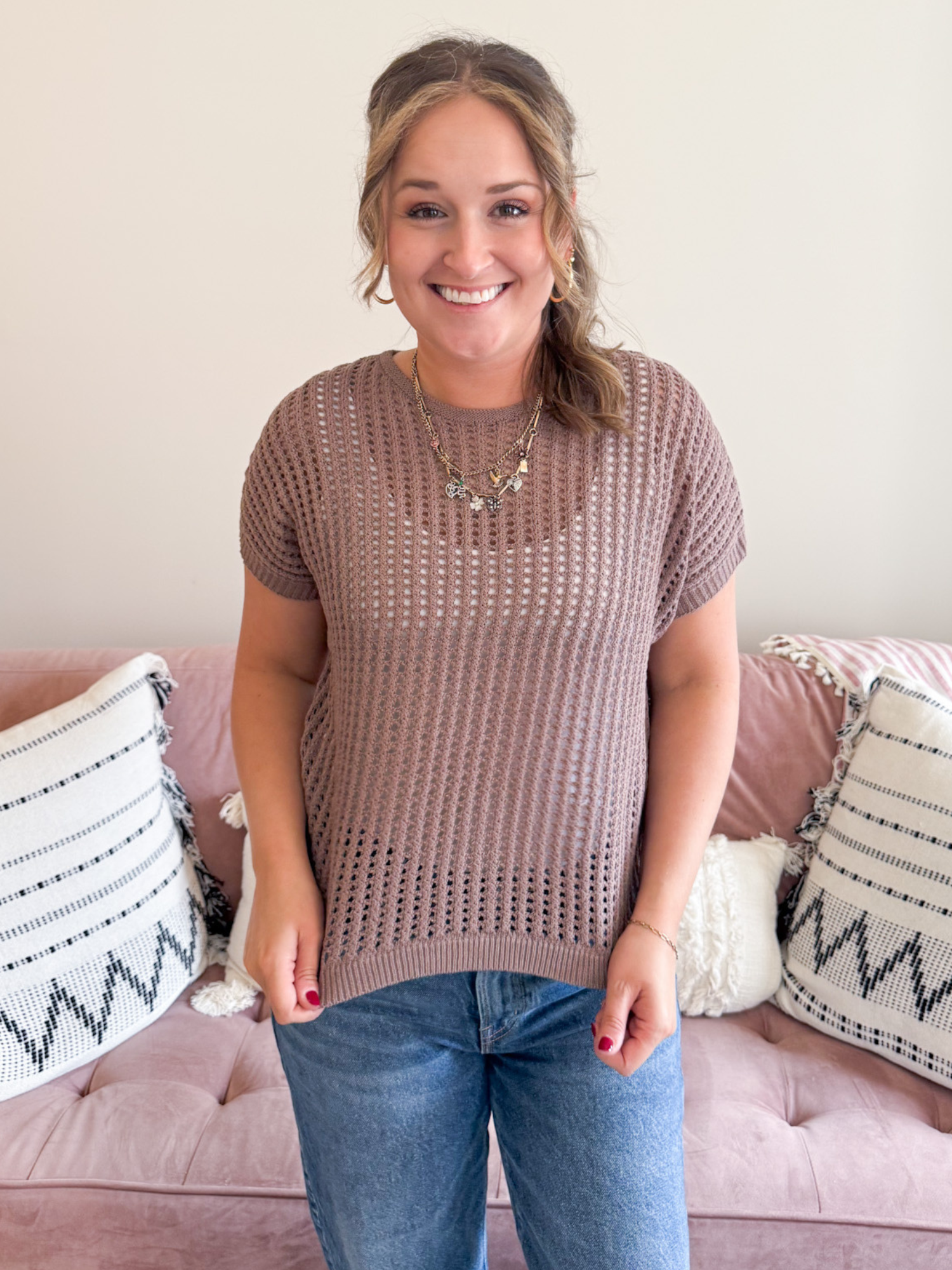 Tayt Short Sleeve Crochet Sweater - Cocoa - The Collective Rose