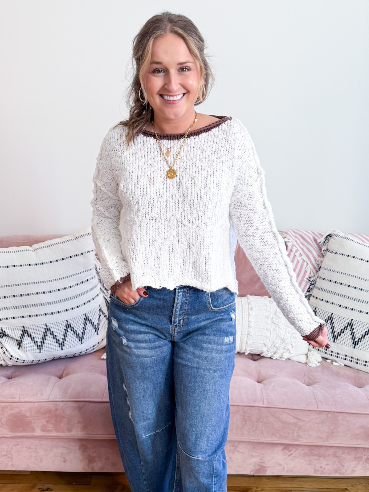 Espresso Contrast Trim Cropped Sweater