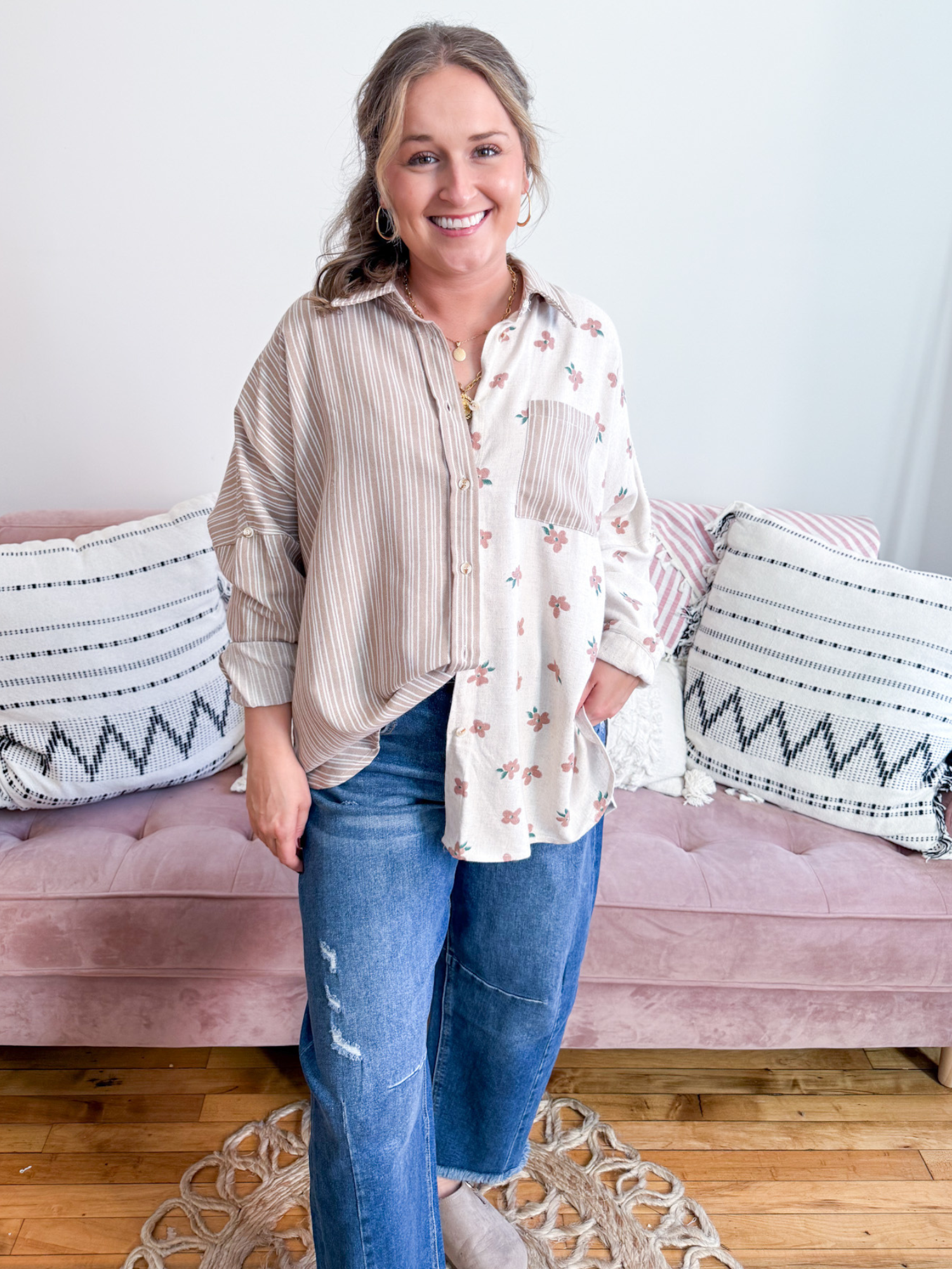 Pat Flower Print Button Up