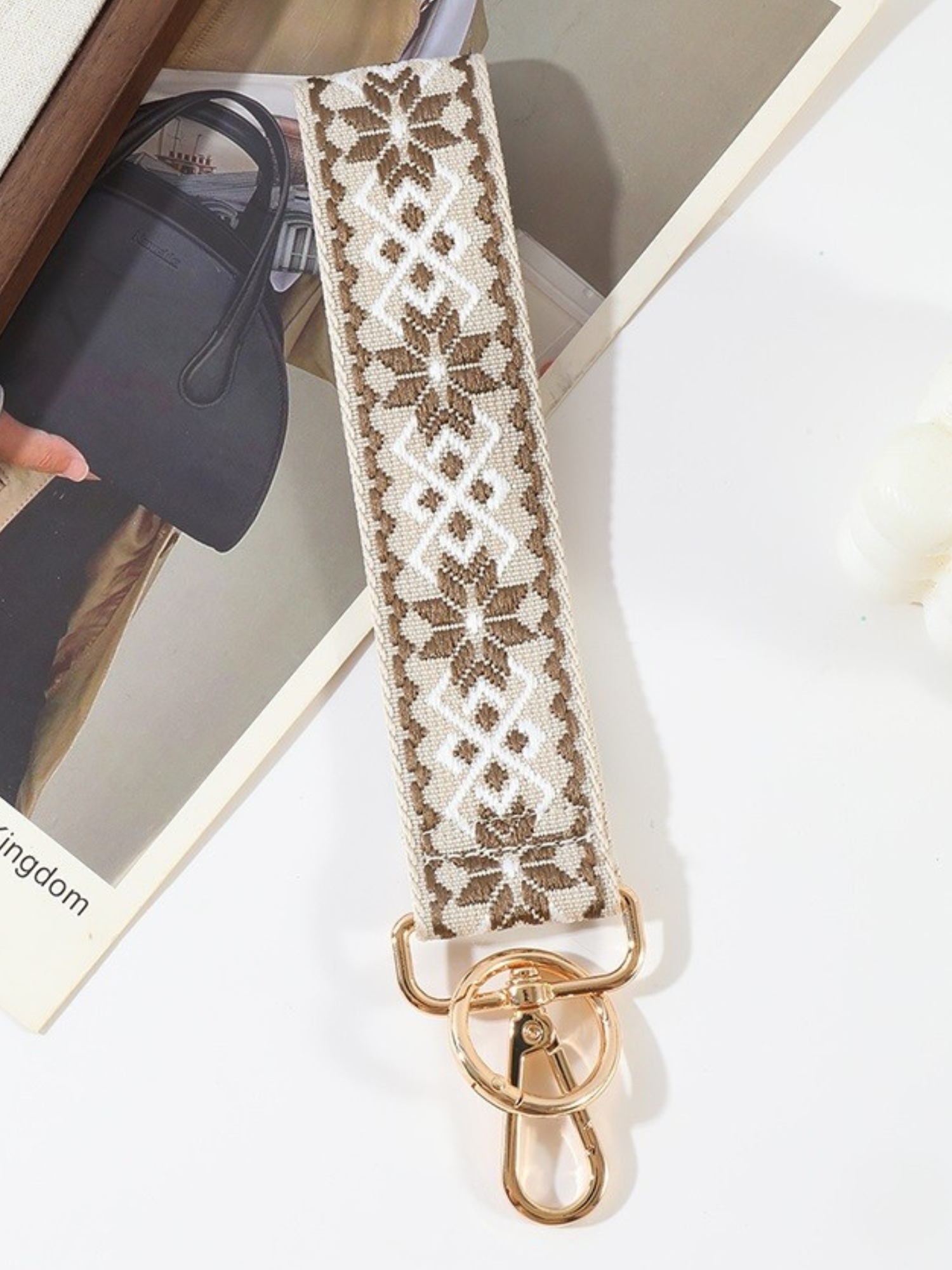 Jacquard Weave Wristlet Keychain - Tan - The Collective Rose