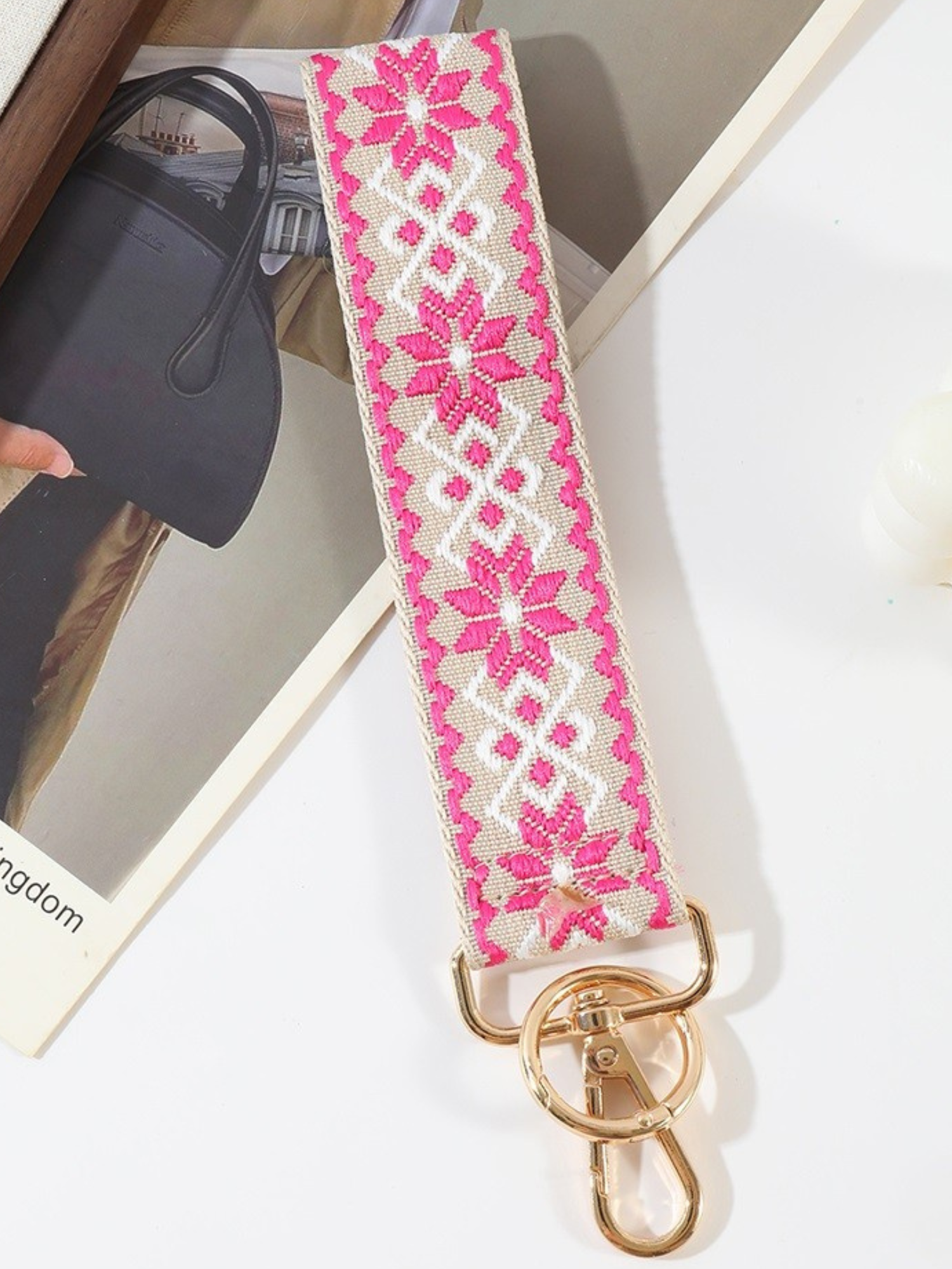 Jacquard Weave Wristlet Keychain - Pink - The Collective Rose