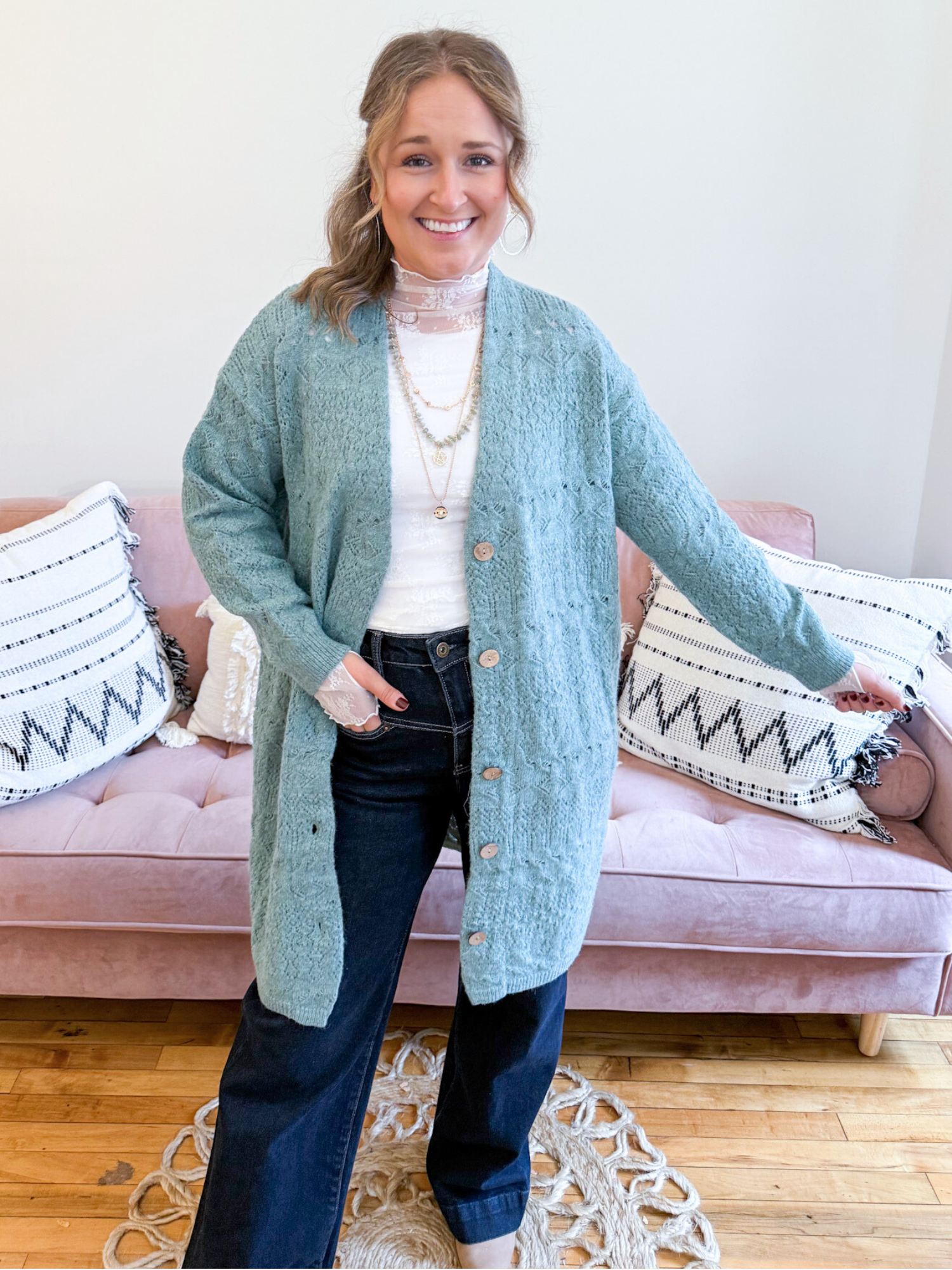 Jensen Pointelle Cardigan - The Collective Rose