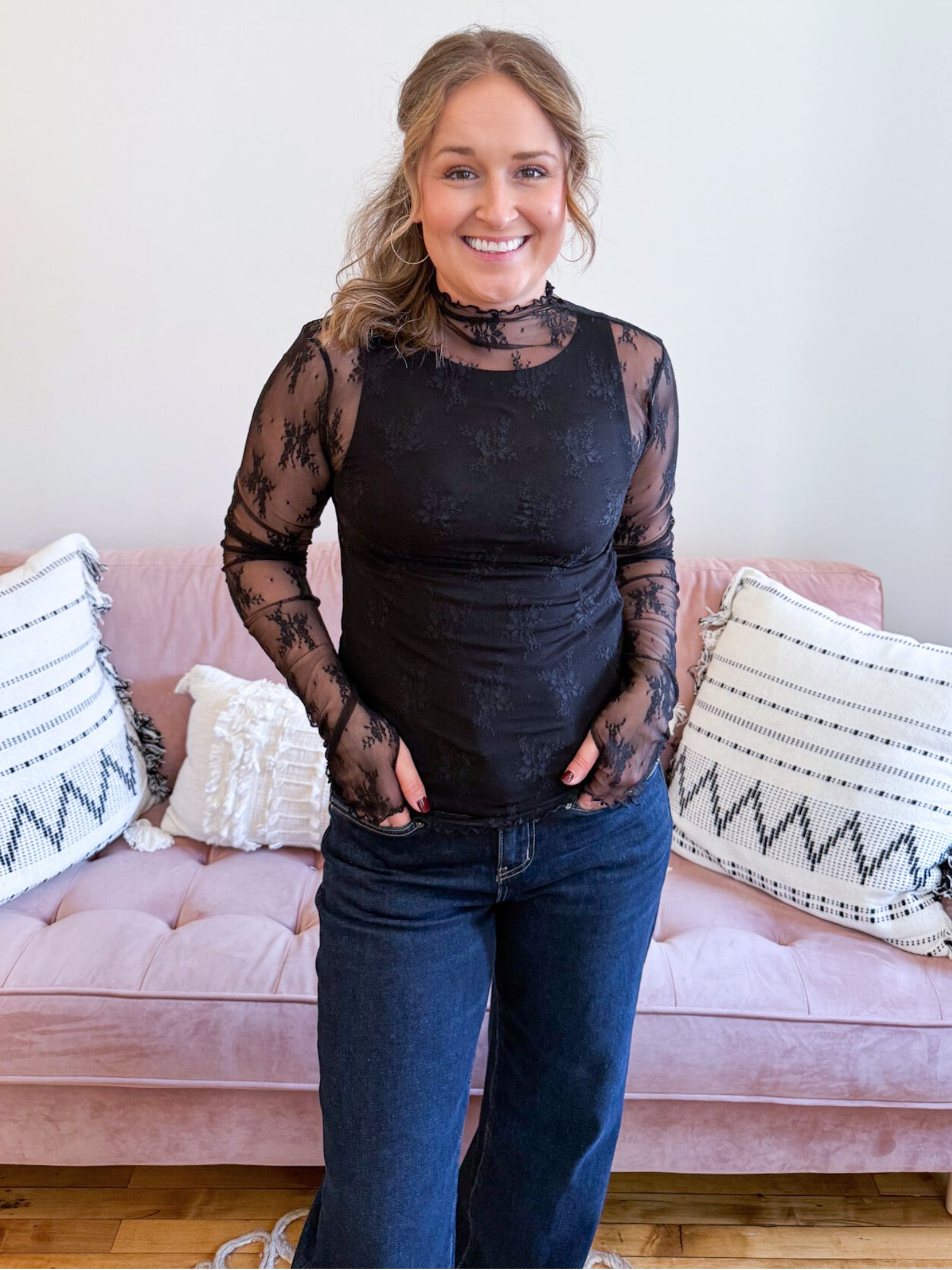 Laynie Mock Neck Lace Long Sleeve - Black - The Collective Rose