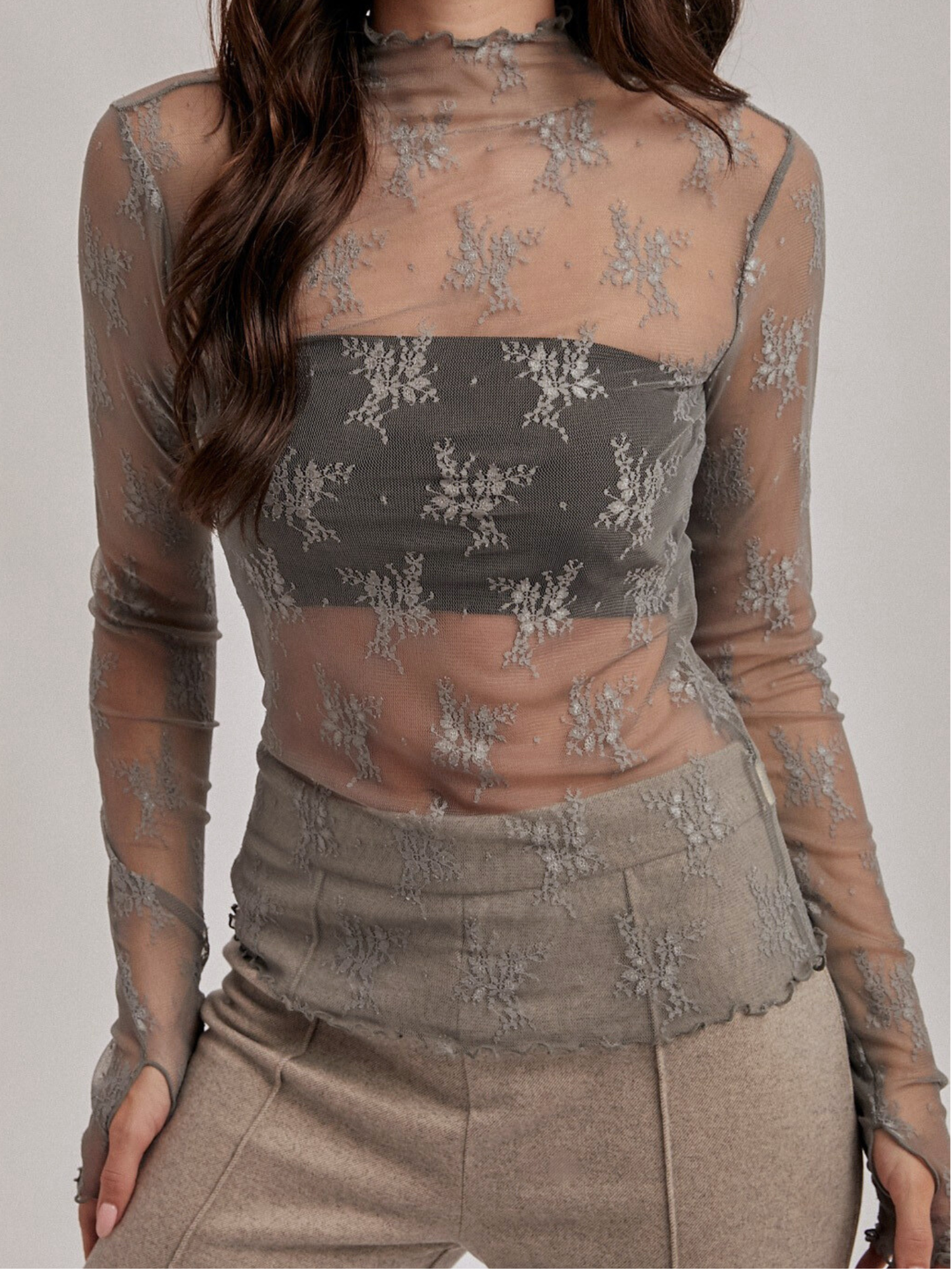 Laynie Mock Neck Lace Long Sleeve - Slate Gray - The Collective Rose