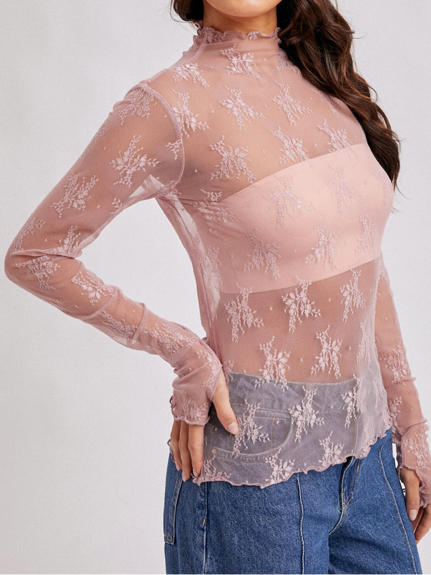 Laynie Mock Neck Lace Long Sleeve - Dusty Lilac - The Collective Rose