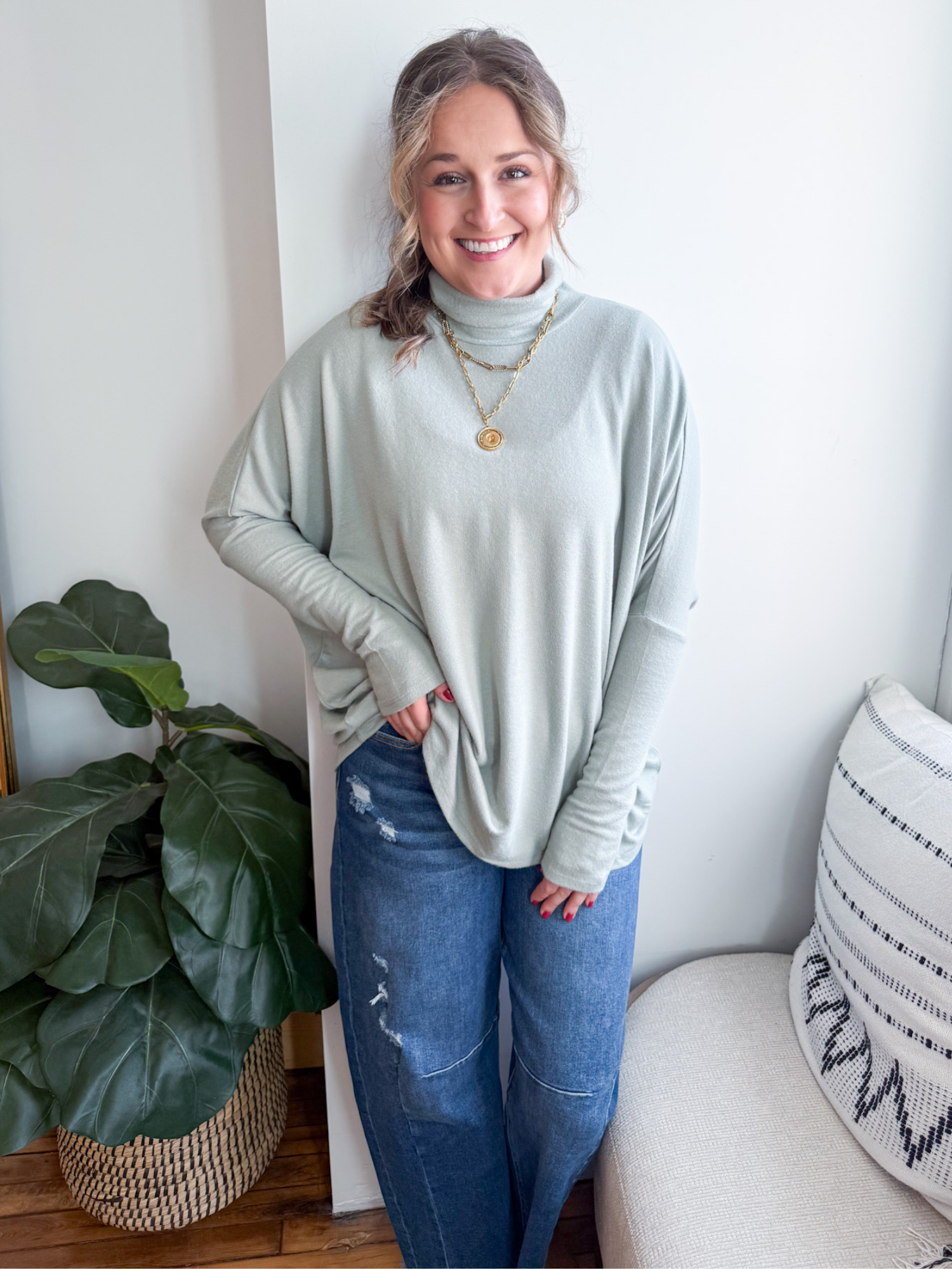 Drew Oversized Turtleneck Sweater - Sage - The Collective Rose