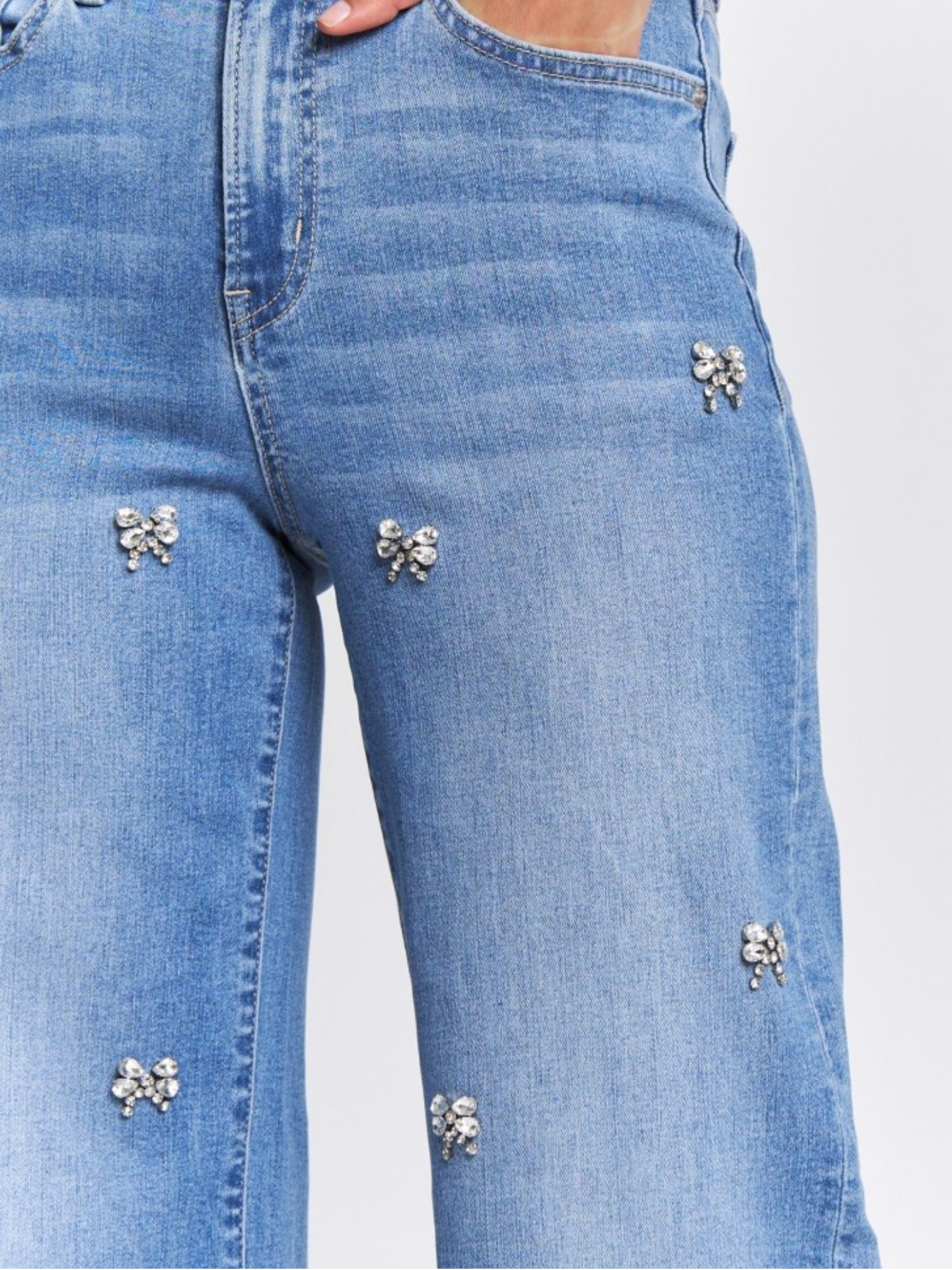 Bow Embellished High Rise Wide Leg Jeans