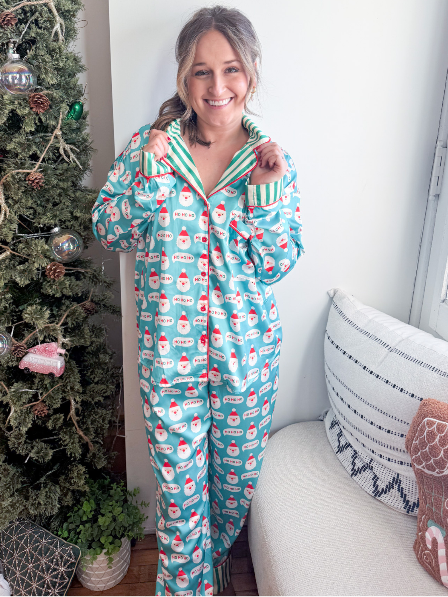Santa Print Satin Pajama Set