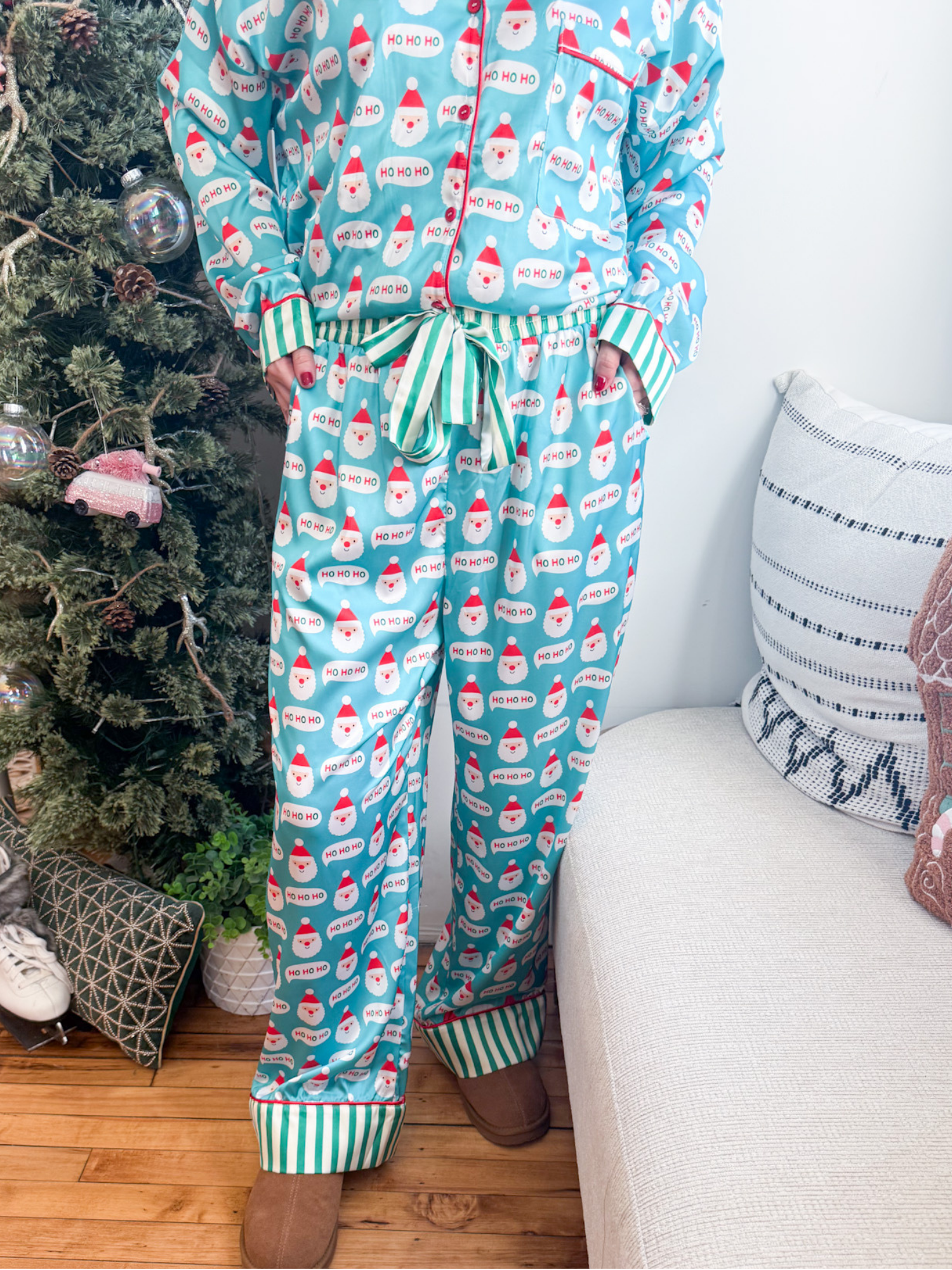 Santa Print Satin Pajama Set